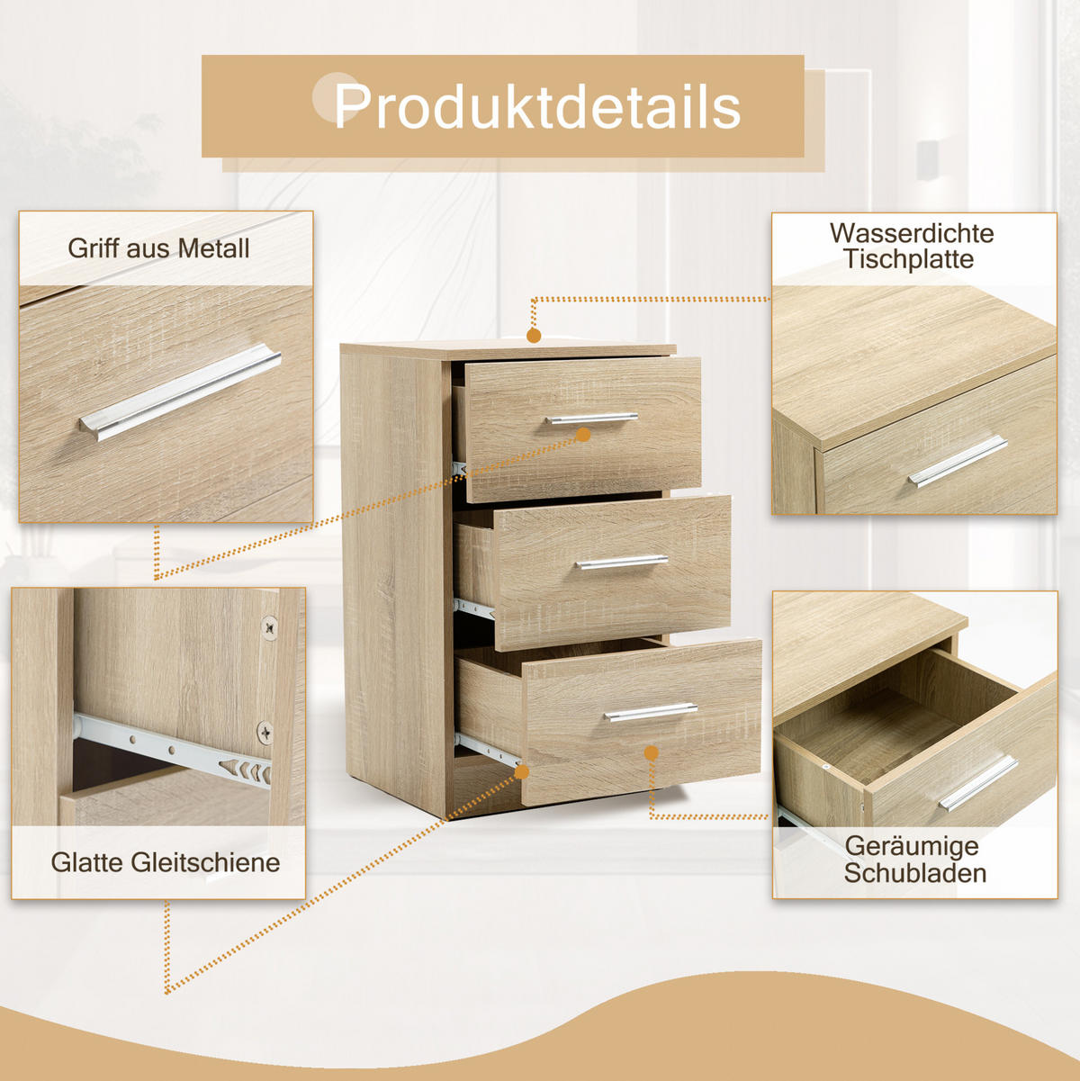 NACHTTISCH mit 3 Schubladen 37,6/35,2/65,5 cm in Natur – kompakt und stauraumstark - Weiß, Holzwerkstoff (35.2/65.5/37.6cm) - BEAOK