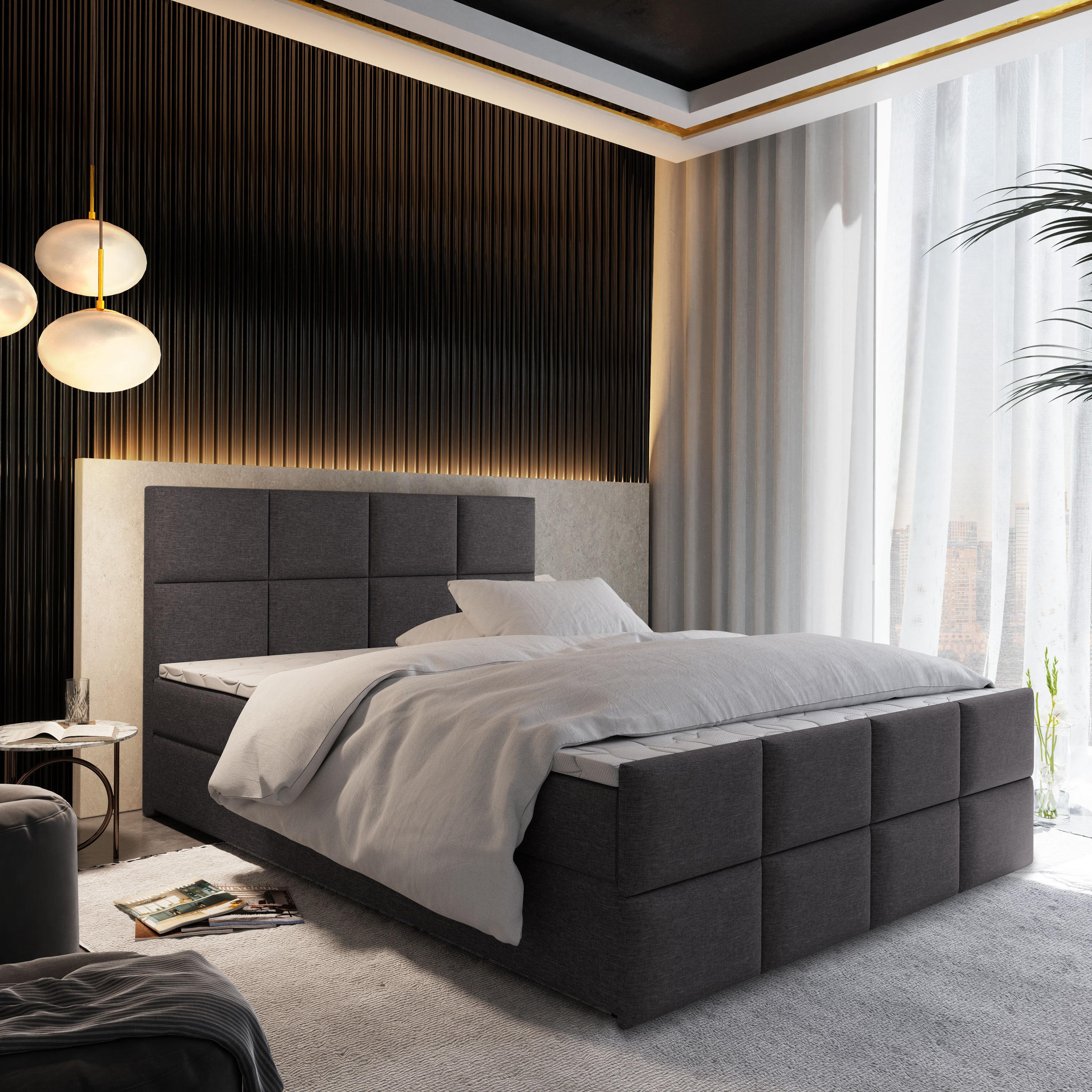 BOXBETT ARIEL 180x200 cm mit Matratze und Topper - Grau - Grau, Holz (180/200cm) - MASSENO