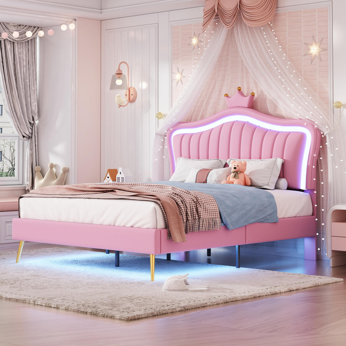 KINDERBETT 140/200 cm mit LED-Beleuchtung, verstellbarem Kopfteil und Lattenrost in Muschelform, Rosa/Weiß - Pink, Textil (140/200cm) - Redom