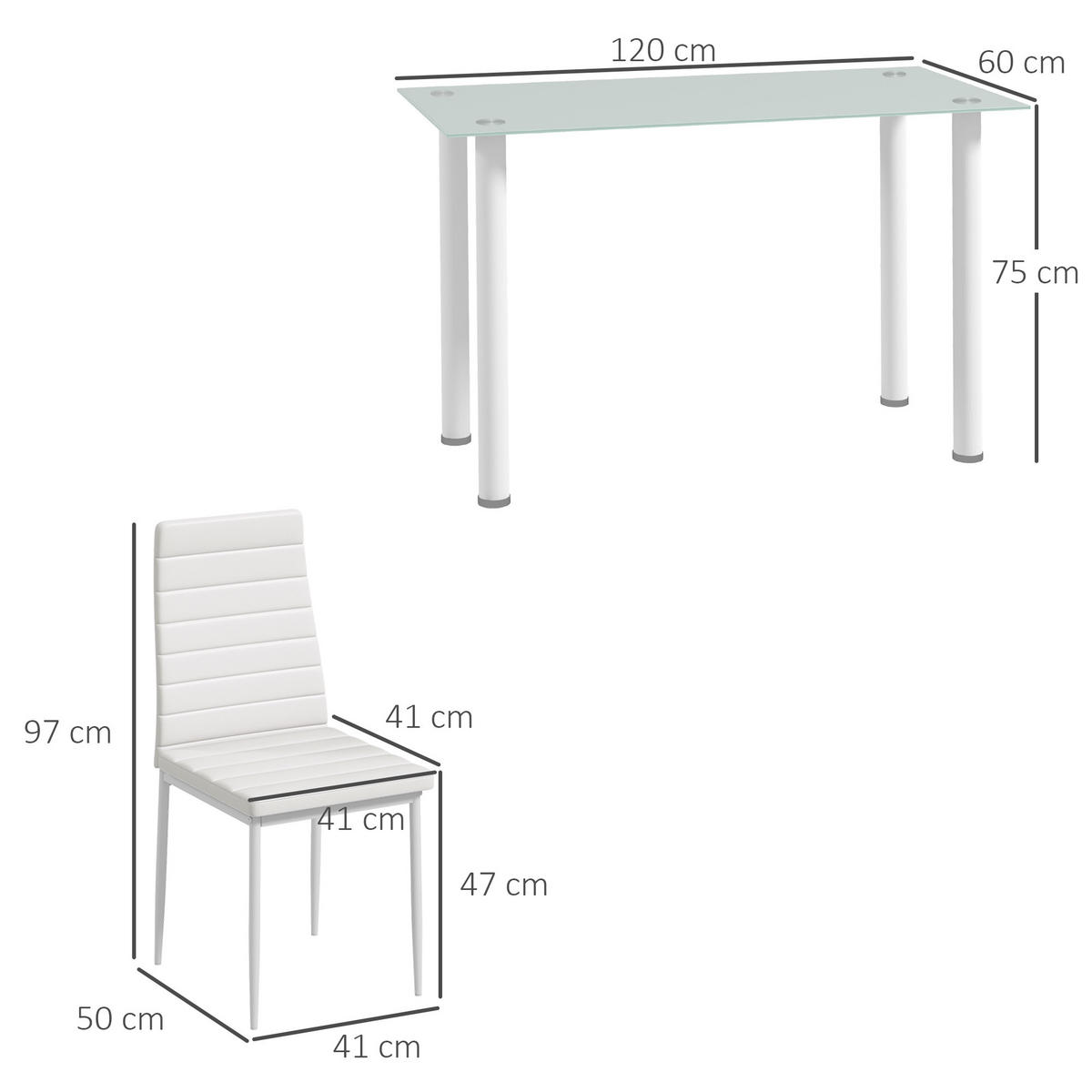 5-TLG. Essgruppe, Esstisch mit 4 Stühlen, Küchentisch mit Hartglasplatte Weiß - Weiß, Kunststoff (60/97/120cm) - HOMCOM