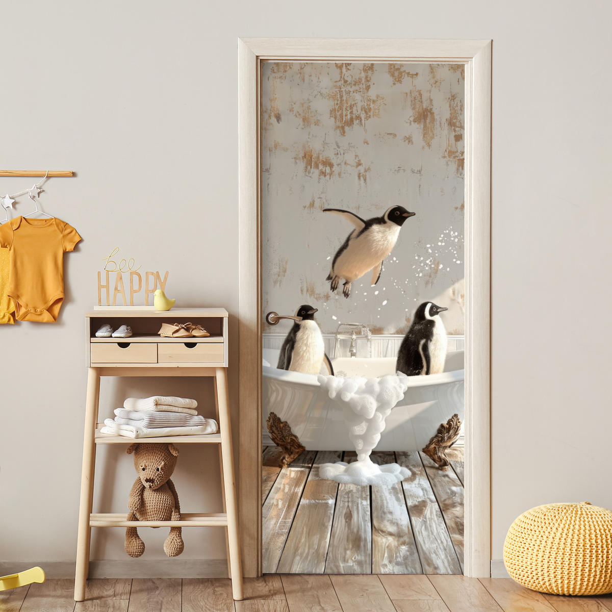FOTOTAPETE Tür - Vintage - Pinguin - Badewanne - Schaumstoff 95x215 cm - Hellbraun, Kunststoff (95/0.1cm) - MuchoWow