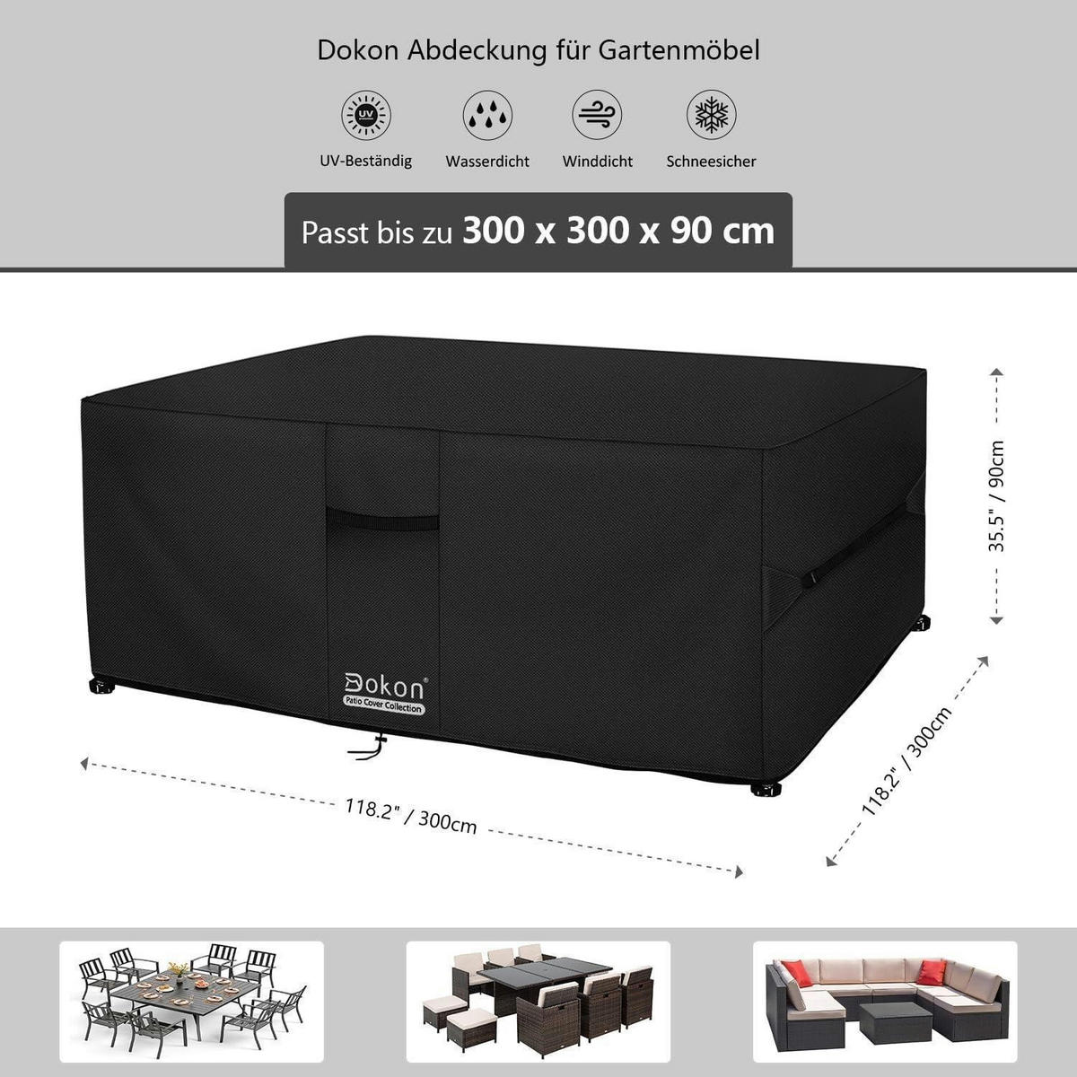 ABDECKUNG für Gartenmöbel 300 x 300 x 90 cm Wasserdicht - Schwarz, Textil (300/90/300cm)