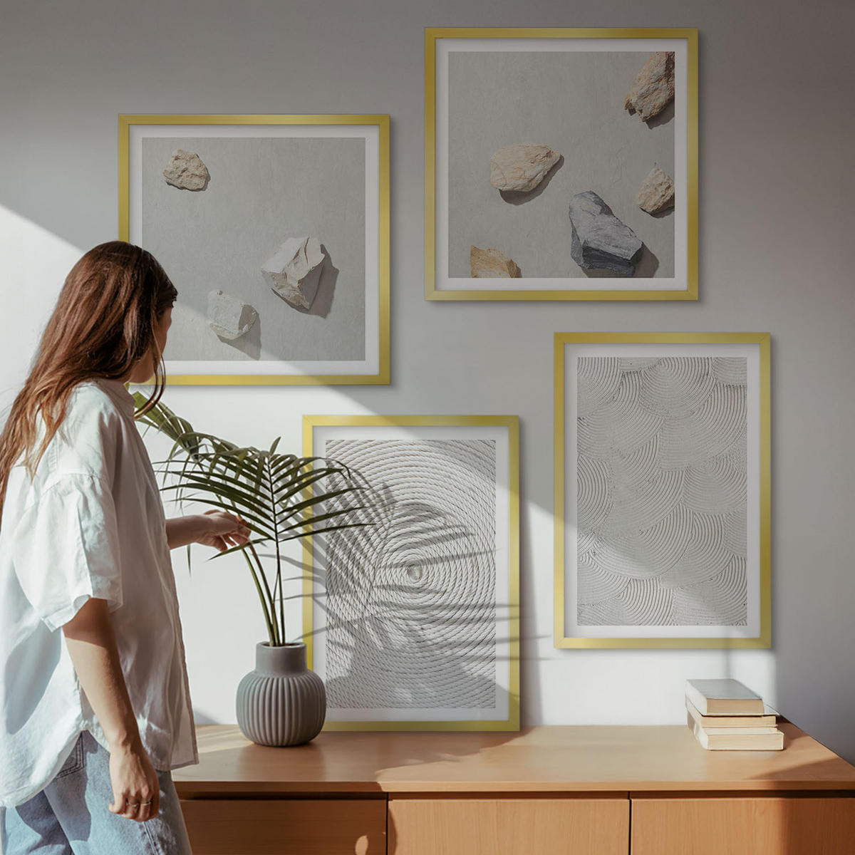BILDER SET 4er Set - 50x50 cm & 40x60 cm Goldrahmen - Geometrische Pappsteine - Goldfarben, Kunststoff (50/50cm) - TULUP