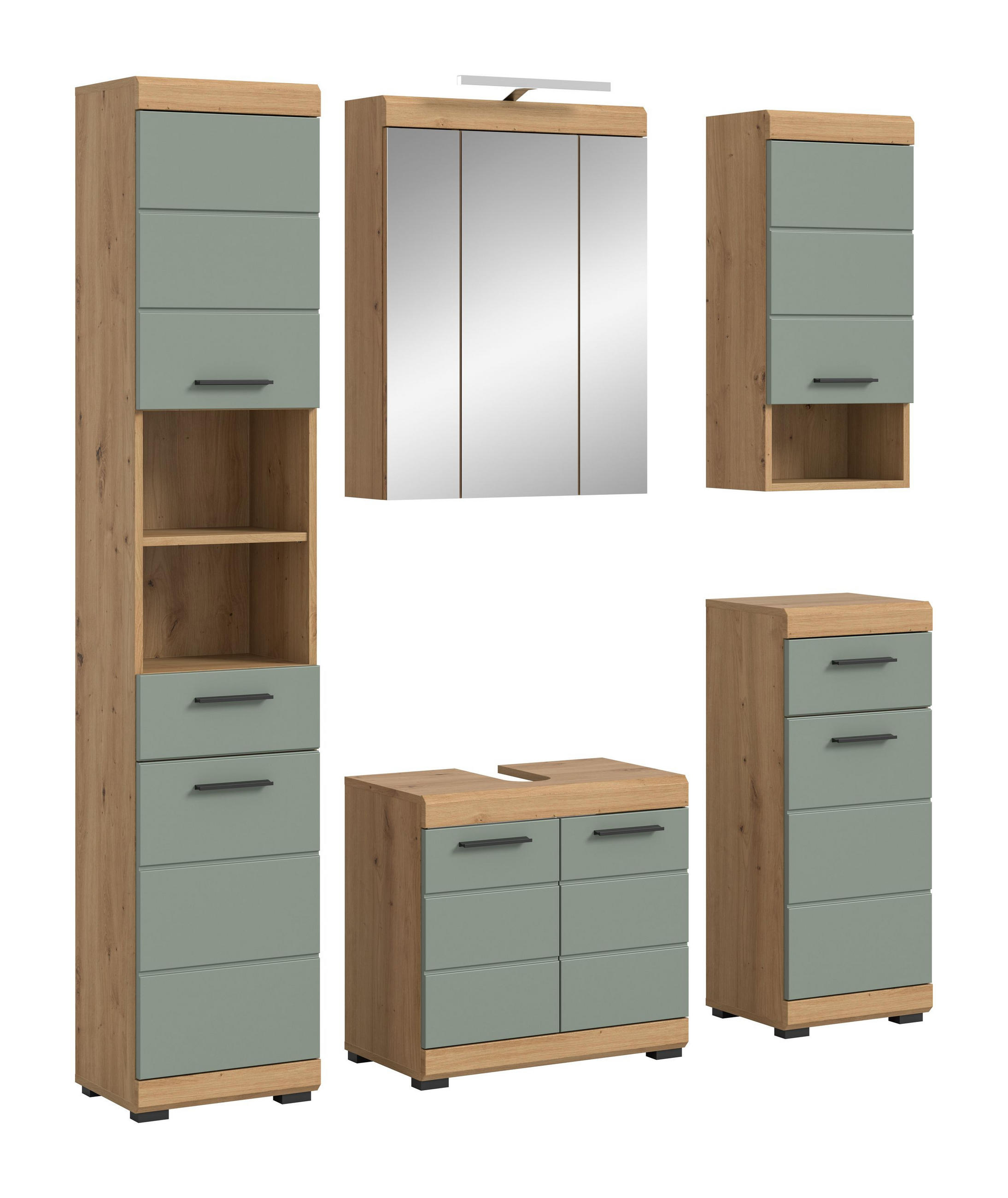 BADKOMBINATION 4tlg. Scout Bad in Artisan Eiche Nachbildung und Salbei Nachbildung B/H/T: 164x191x34 cm - Eiche Artisan, Holz (164/191/34cm)