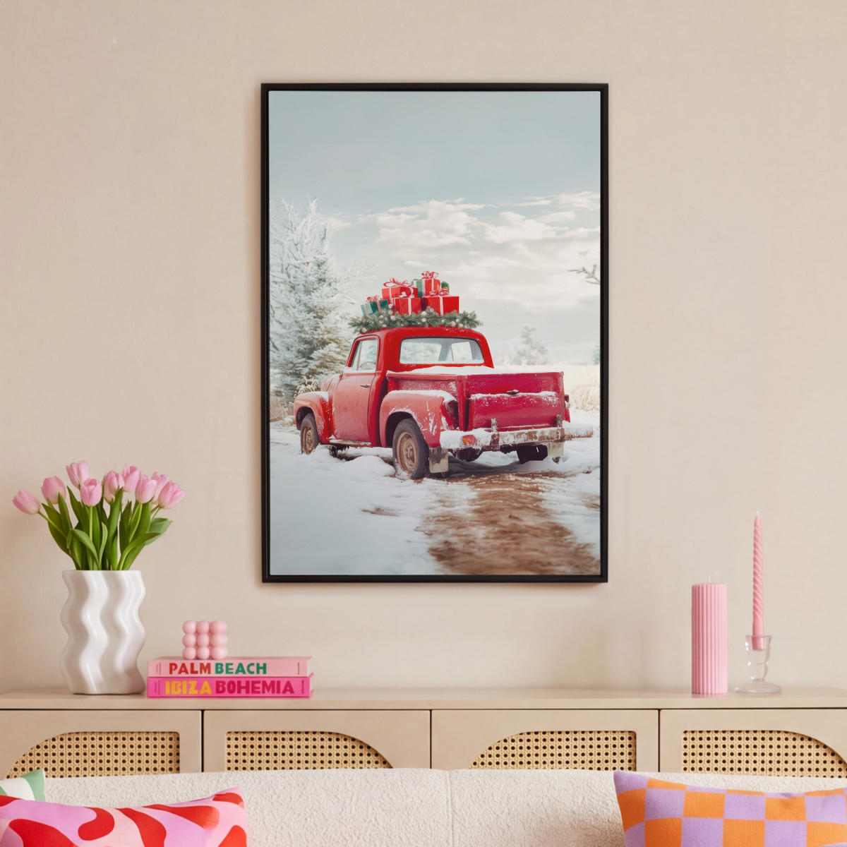 LEINWAND Bilder mit Rahmen - Auto - Rot - Geschenke - Winter - Schnee - Weihnachten - 60x90 - Rot, Textil (60/90cm) - MuchoWow