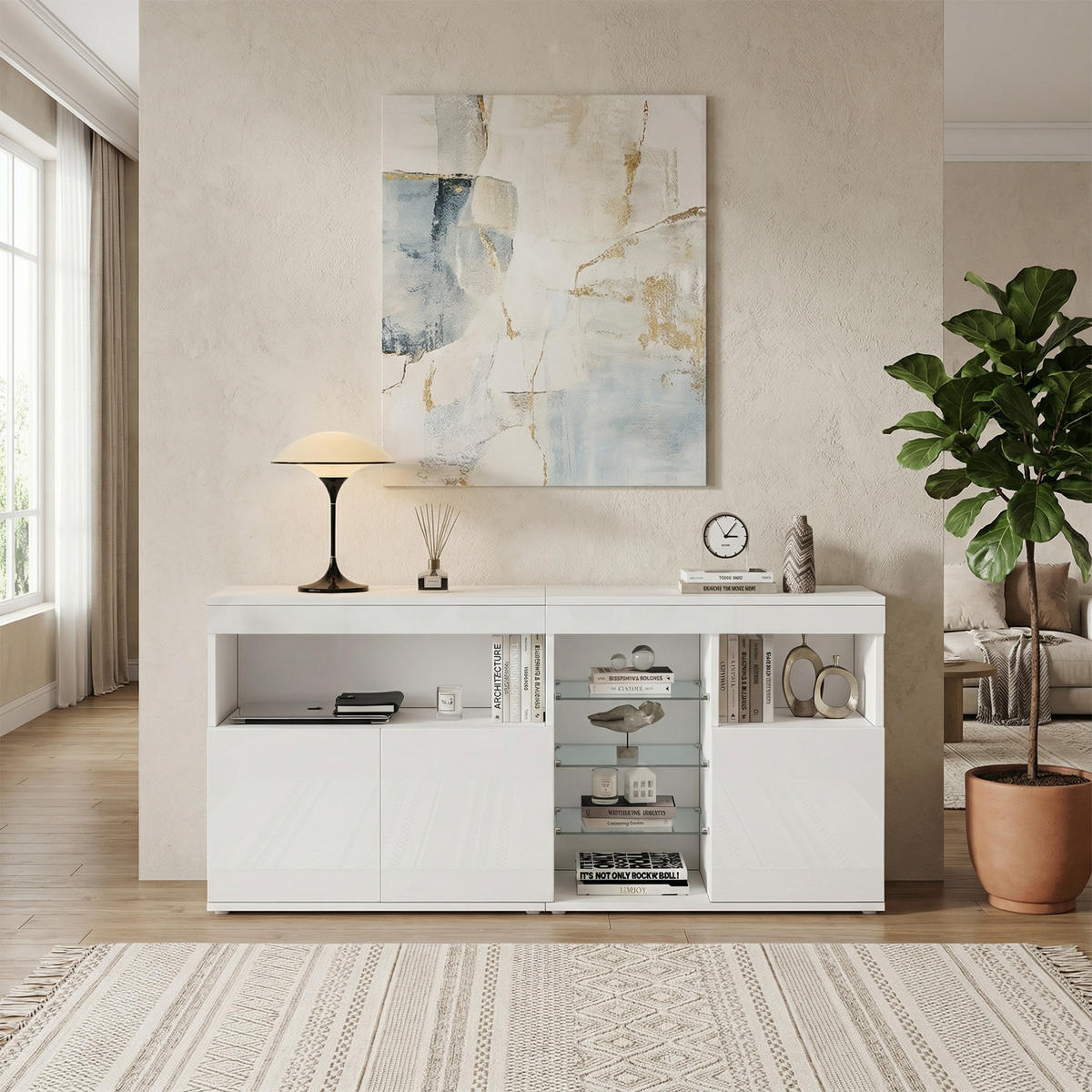 SIDEBOARD in Weiß Hochglanz mit App-gesteuerter LED - Weiß, Holzwerkstoff (155/72/35cm) - Urban Meuble