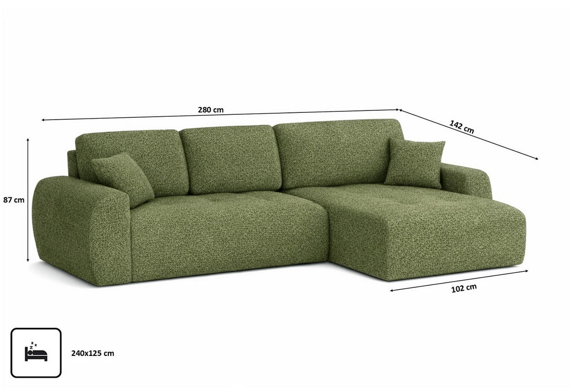 ECKSOFA Mit Schlaffunktion Und Bettkasten L-Form Ivo XL, Chenille-Stoff Artico, Moss, Rechts - Grün, Holz (280/142cm) - Kaiser Möbel