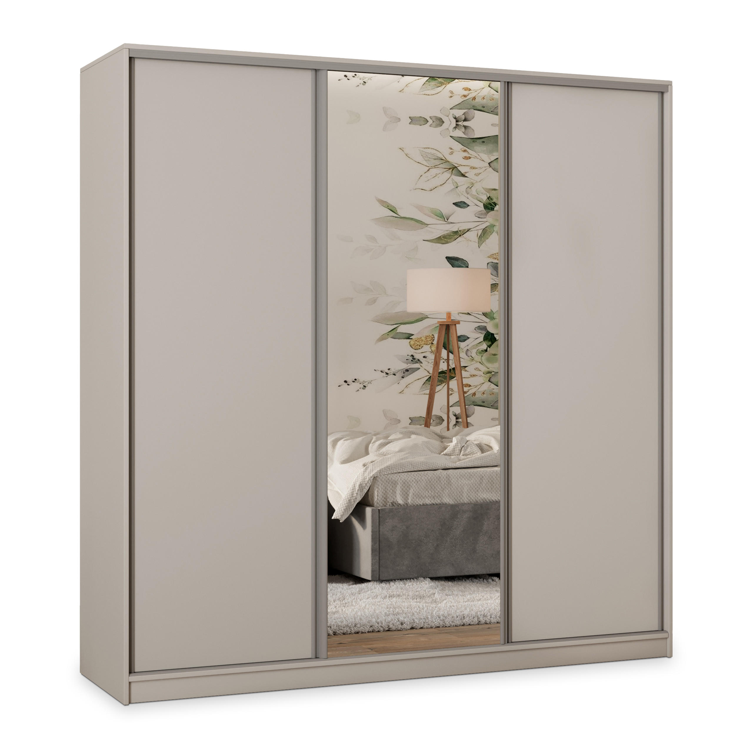 SCHWEBETÜRENSCHRANK TARI 180/205/58 cm 3-türig mit Spiegel und Schubladen Kaschmir - Kaschmir/Silberfarben, Holzwerkstoff (180/205/58cm) - MASSENO