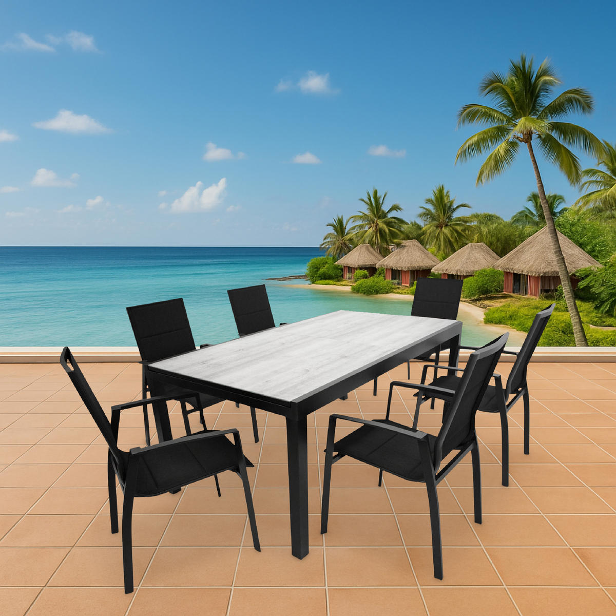 GARTEN-GARNITUR Ashford - 7-teilige Garten-Essgruppe (6x Stapelsessel mit Armlehnen, 1x Ausziehtisch 180/240x100cm), Gestell Aluminium - Schwarz, Metall - TPFGarden