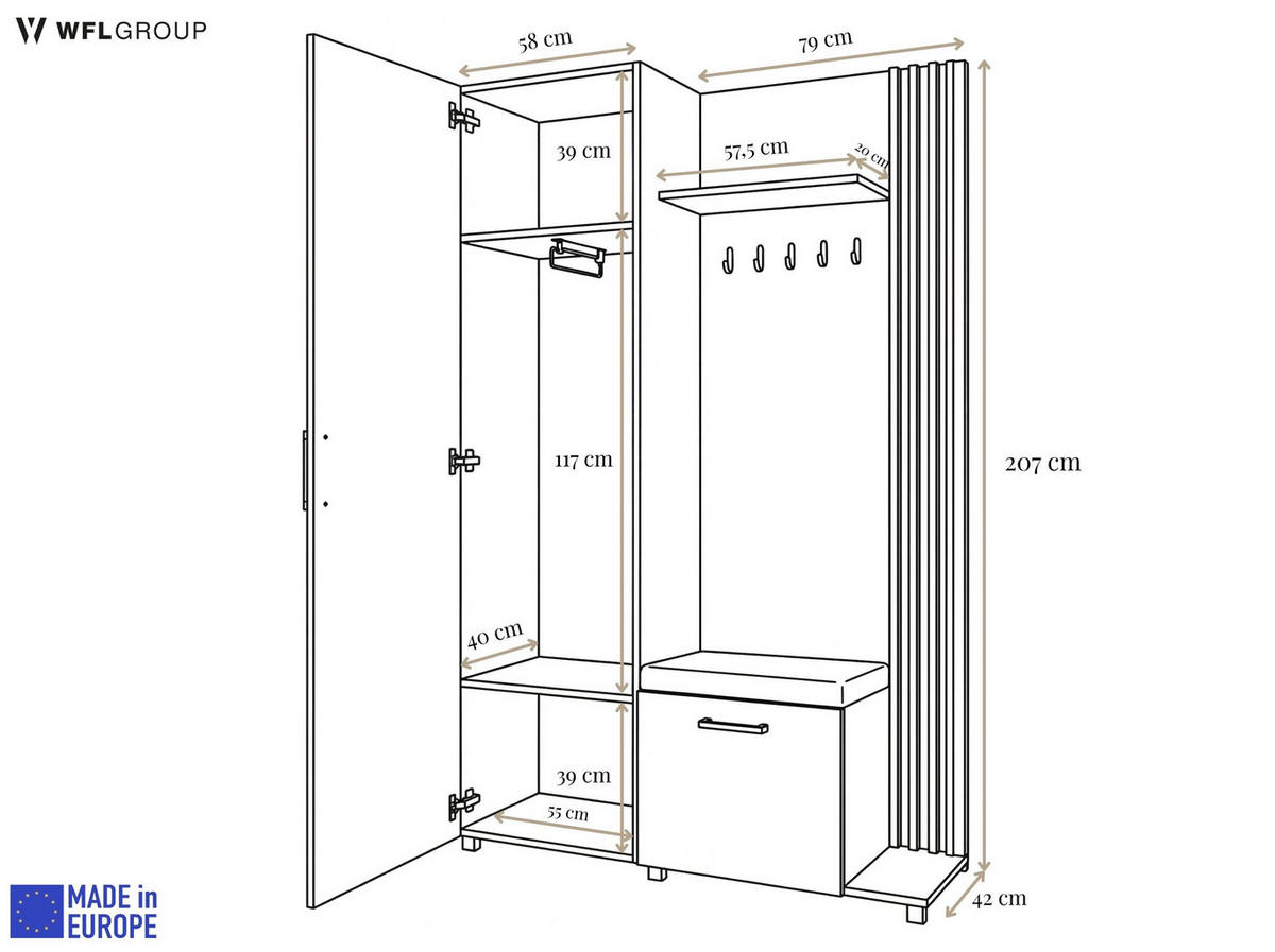 GARDEROBE Linaro mit Spiegel, Sitzbank in Lamellen-Optik 137/207/42 cm, Links - Schwarz/Eiche Artisan, Holzwerkstoff (137/207/42cm) - WFL GROUP