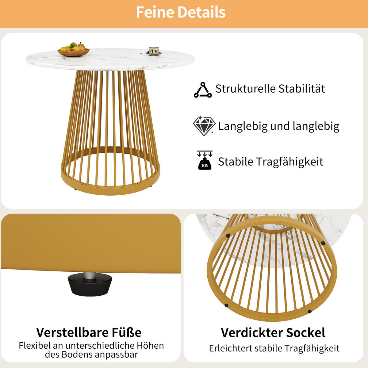 ESSTISCH 80/80/76 cm Weiß Gold runder Tisch mit Metallbeinen und marmorierter MDF-Platte - Goldfarben, Holzwerkstoff (80/80/76cm) - OKWISH