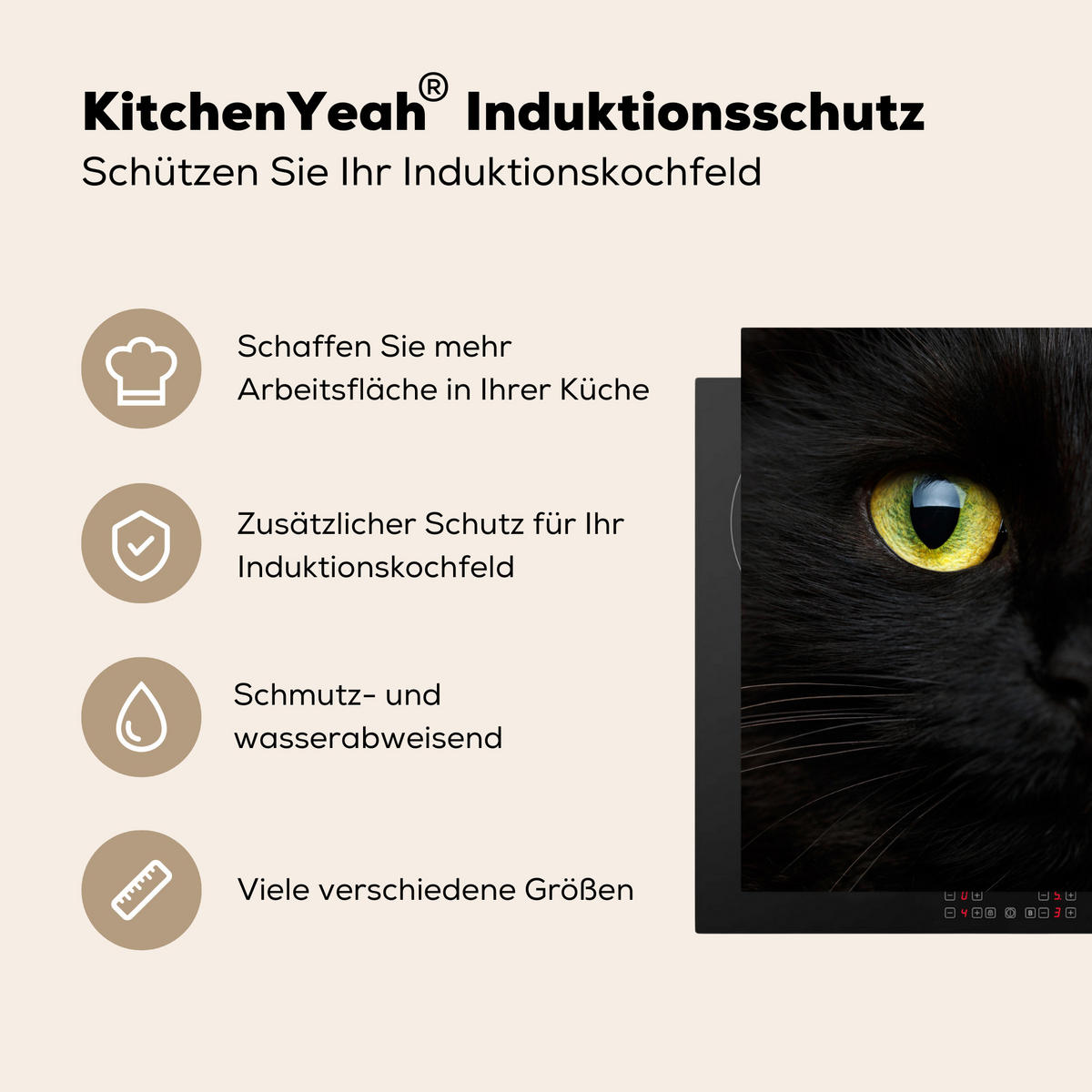 HERDABDECKPLATTE Katze - Augen - Gelb - Schwarz Herdabdeckung Induktionsfeld 65x52 cm - Schwarz, Kunststoff (65/52/0.2cm) - MuchoWow