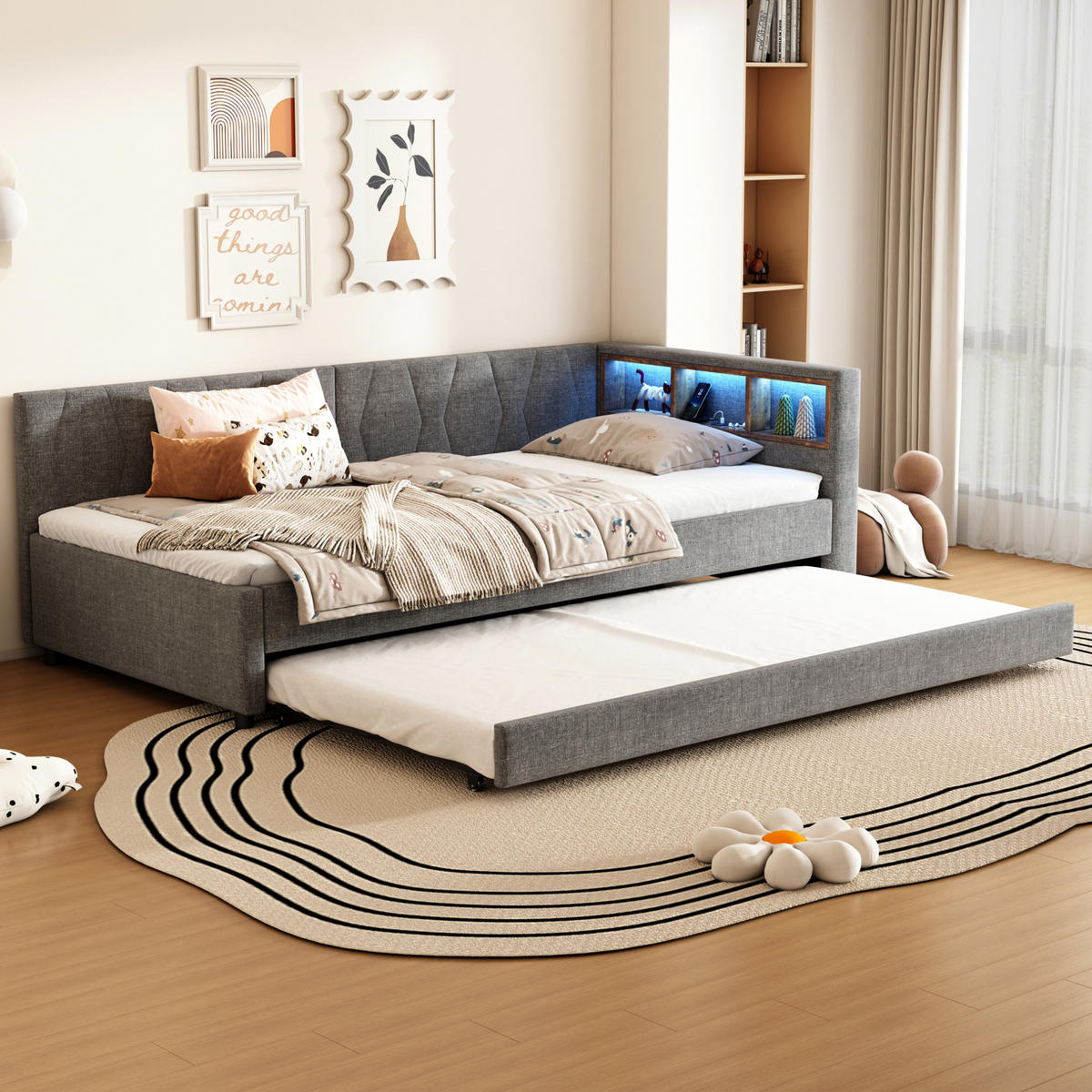 POLSTERBETT 90/200 cm mit LED-Beleuchtung, USB-C und ausziehbarem Gästebett - Grau, Textil (90/200cm) - BEAOK