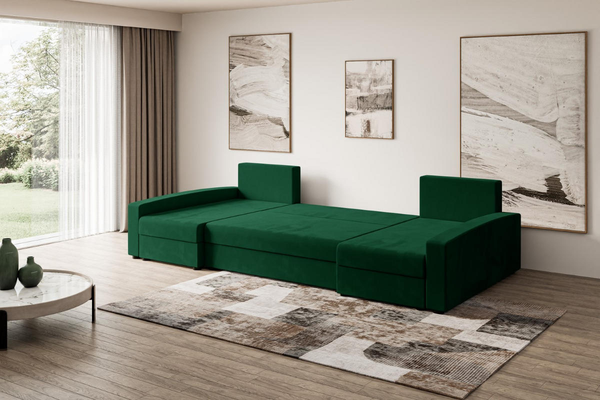 WOHNLANDSCHAFT mit Schlaffunktion und Bettkasten ALESIA-U 301x140x90 cm Grün Velours - Silberfarben/Grün, Holzwerkstoff/Kunststoff (301/90/140cm) - ALTDECOR