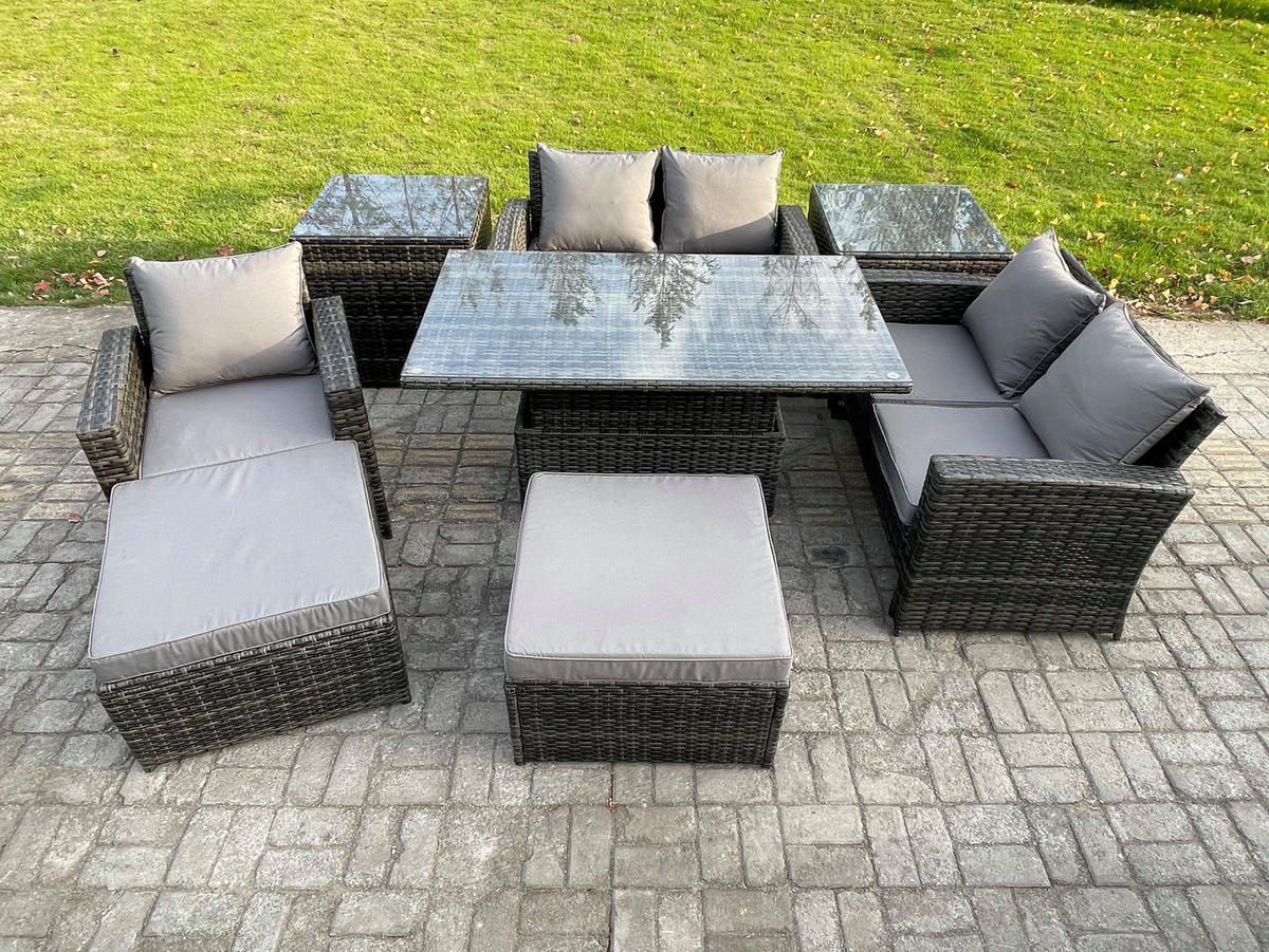 GARTENSOFA mit hoher Rückenlehne Polyrattan Dunkelgrau 7-Sitzer - Dunkelgrau, Metall - Fimous
