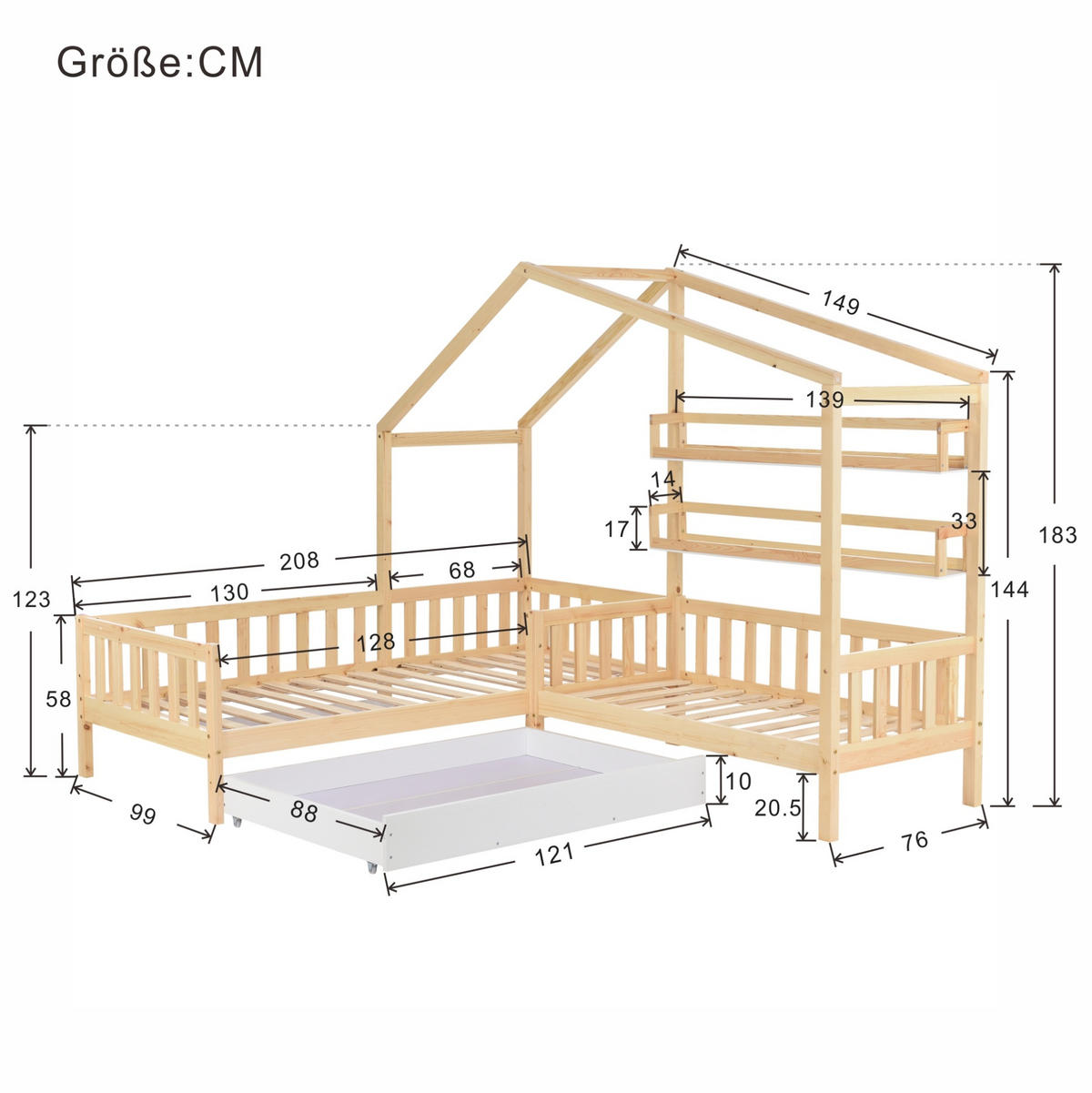 KINDERBETT aus Kiefernholz 90x200 cm+140x70 cm Natur mit Schublade, Regalen und Lattenrost in L-Form - Naturfarben, Holz (90/200cm) - Modfu