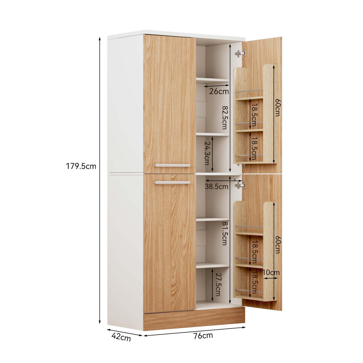 BUFFET 76/42/180 cm Weiß/Natur aus MDF mit 4 Türen - Weiß, Holzwerkstoff (76/180/42cm) - OKWISH