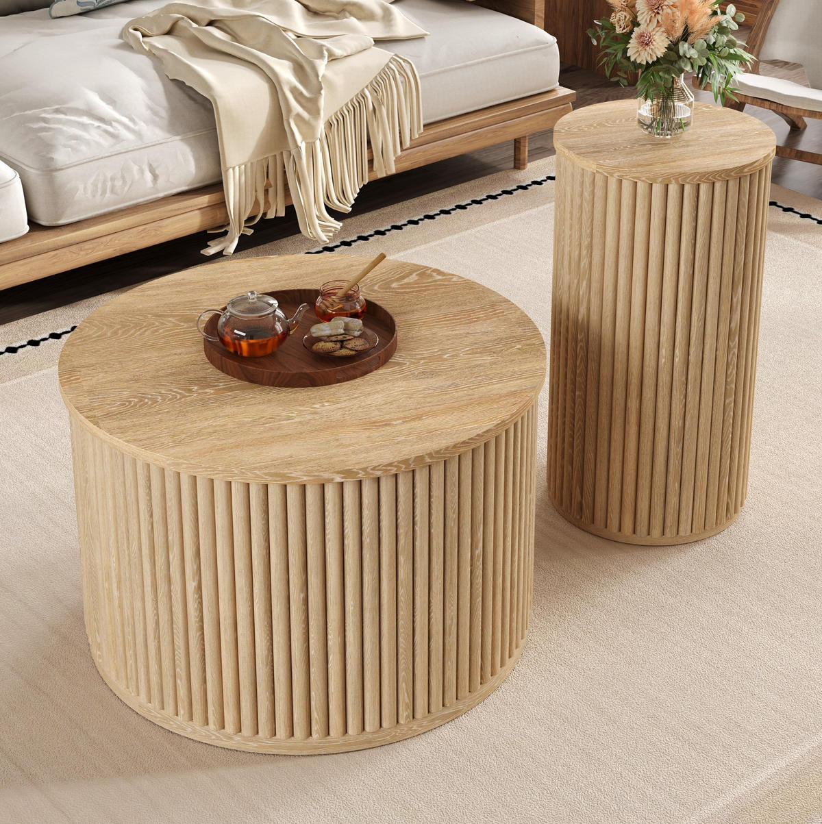 SET klubskih stolića 60/60/38,5 i 30/30/56 cm prirodne boje od MDF-a s 3D prugastim uzorkom - prirodne boje, drvni materijal (60/60/38.5cm) - OKWISH