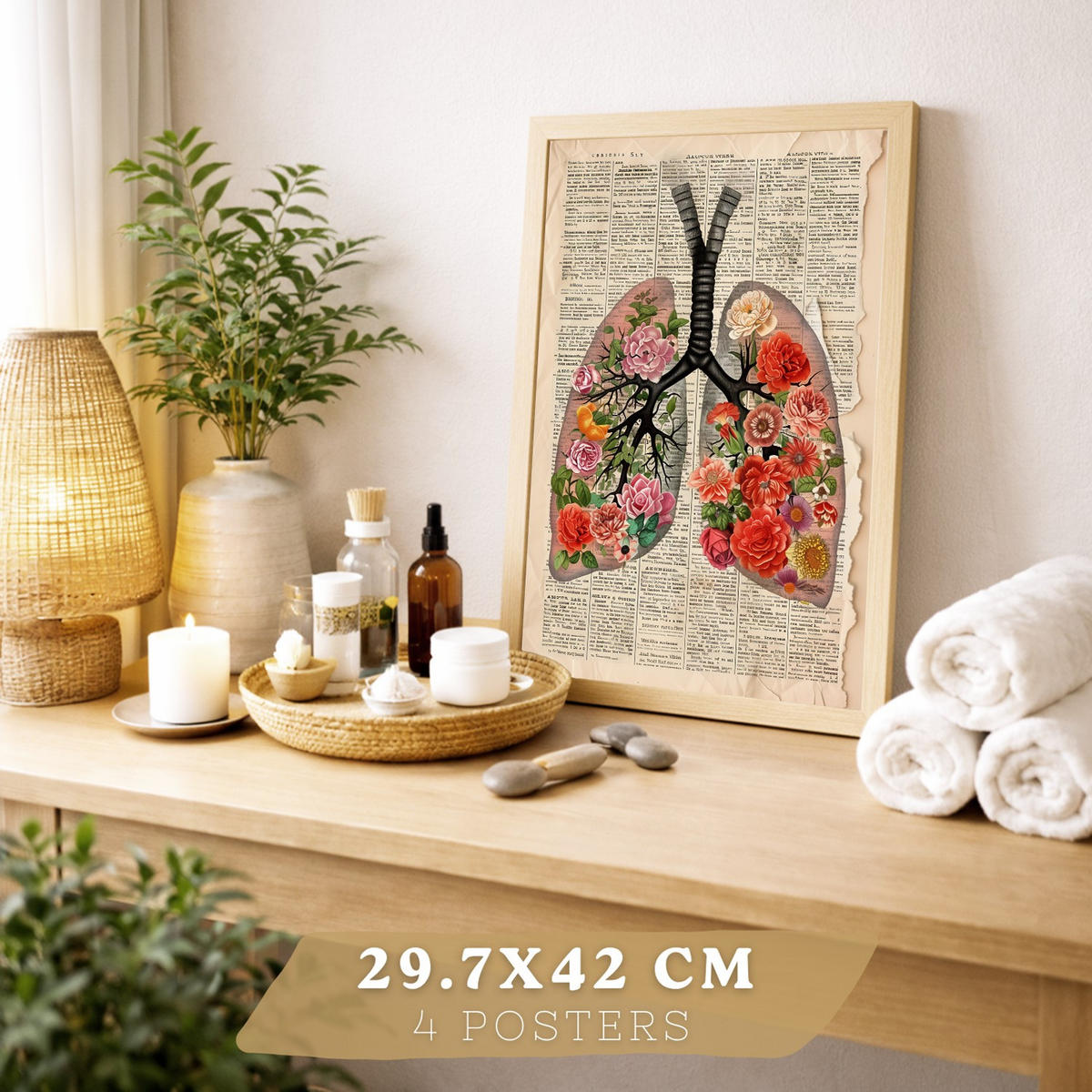 POSTER Set aus 4 Vintage Anatomie und Wandbilder mit Rippen Wirbelsäule Lungen Luftröhre Bronchien Gehirn und Schädel Größe Rahmenlos A3 - Klar, Papier (29.7/42/3cm) - Nacnic