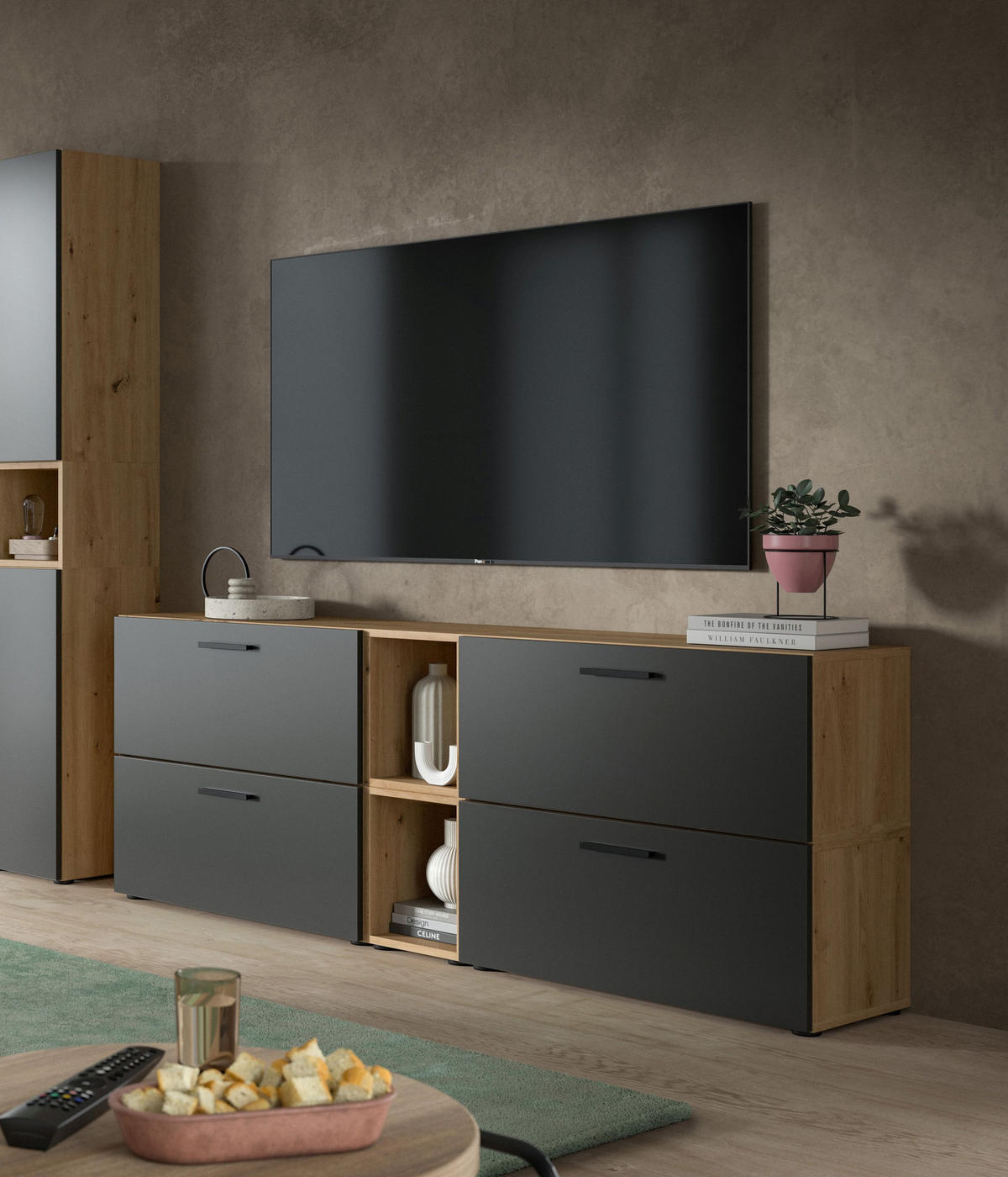 WOHNWAND The One Basalt grau 176/34/67 cm - Braun, Holzwerkstoff (176/67/34cm) - Xonox