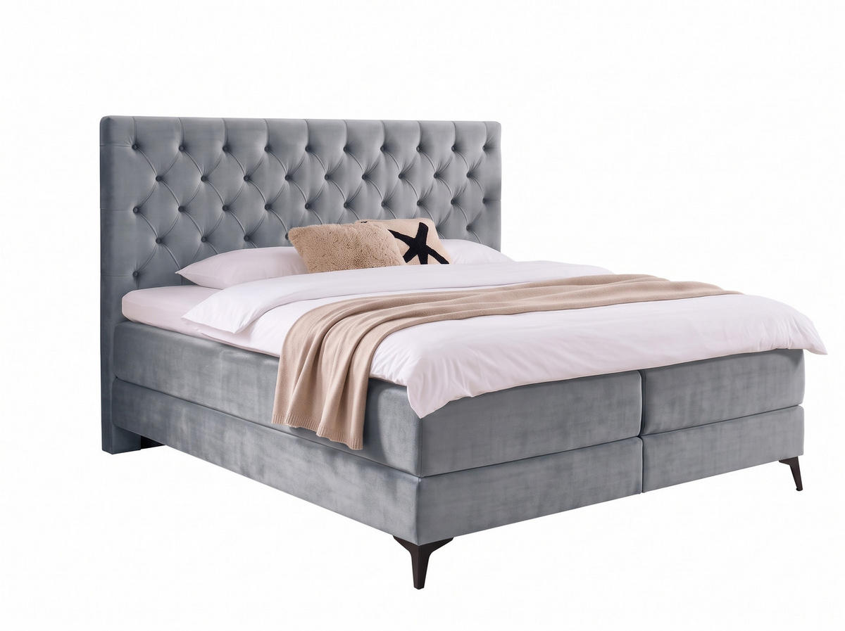 BOXBETT Amber Hellgrau 160/200 cm Samt mit Bettkasten, mit Matratze, mit Premium Topper H2/H3 - Hellgrau/Schwarz, Textil (160/200cm) - wonello