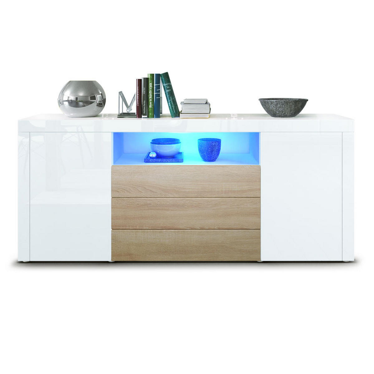 SIDEBOARD Santiago Weiß Hochglanz / Eiche sägerau - Weiß Hochglanz, Holzwerkstoff (167/72/35cm) - Vladon