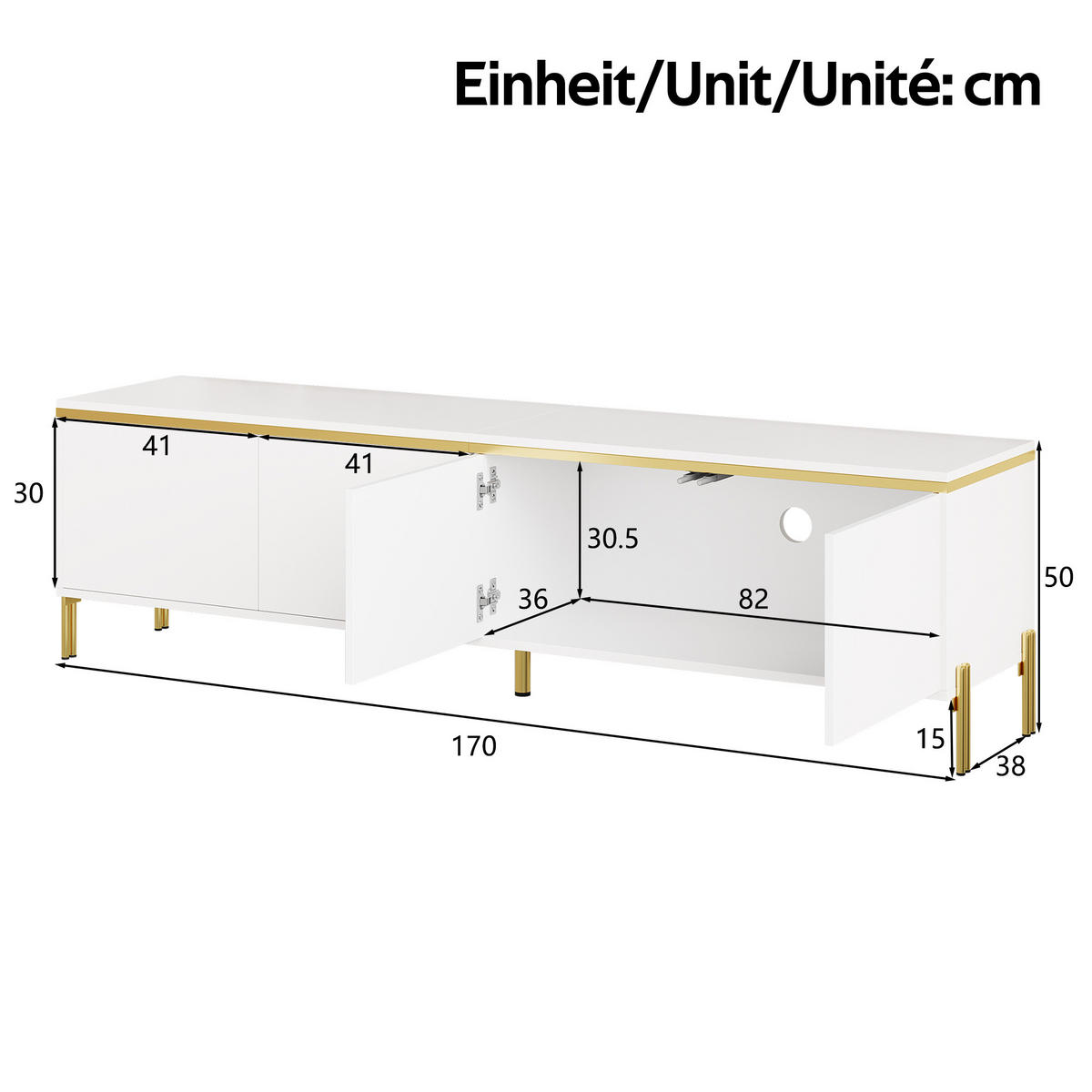 TV- & COUCHTISCH-SET Hochglanz Goldkante Stauraum modern Luxus - Weiß, Holzwerkstoff (38/50/170cm) - FLIEKS