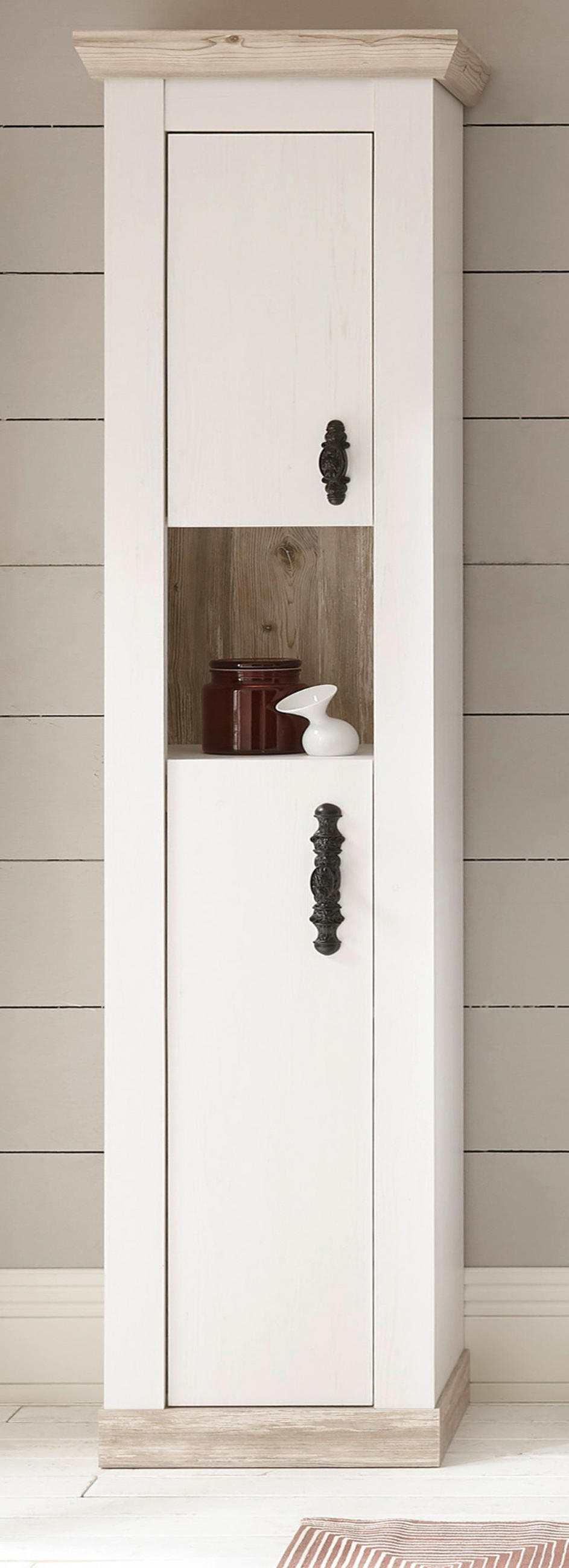 BAD-HOCHSCHRANK Pinie weiß, Oslo Pinie Landhaus, Badschrank, 42 x 200 cm - Dunkelgrau/Weiß, Holzwerkstoff/Metall (42/200/35cm) - Furn.Design