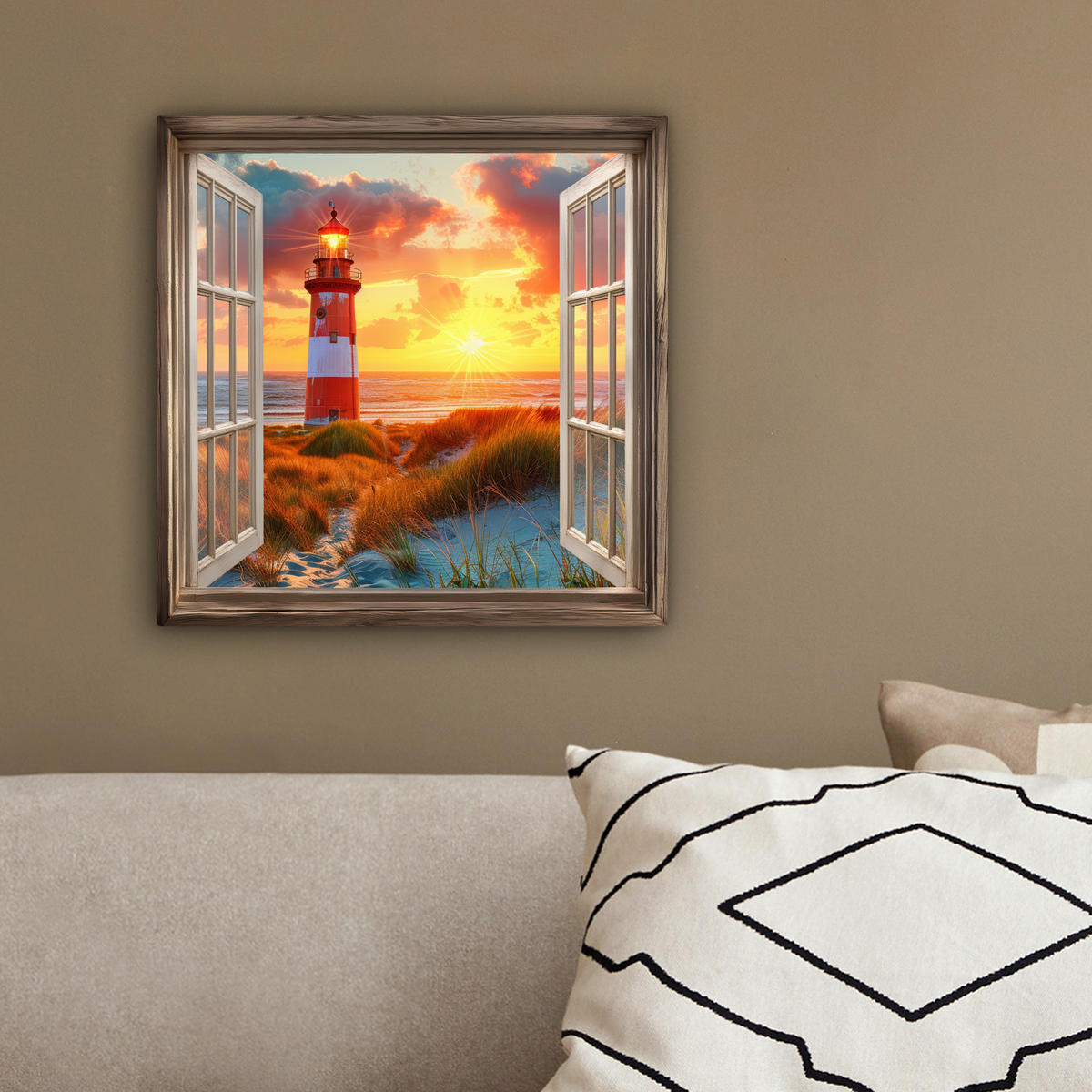 LEINWANDBILD Aussicht - Fenster - Leuchtturm - Sonnenuntergang - Strand 20x20 cm - Dunkelorange, Textil (20/20cm) - MuchoWow