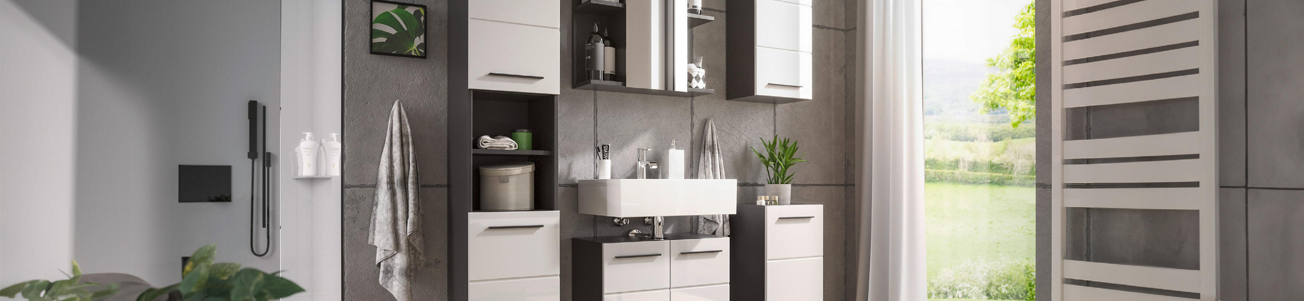 Modernes Badezimmer mit einem Waschbecken und einem praktischen Schrank