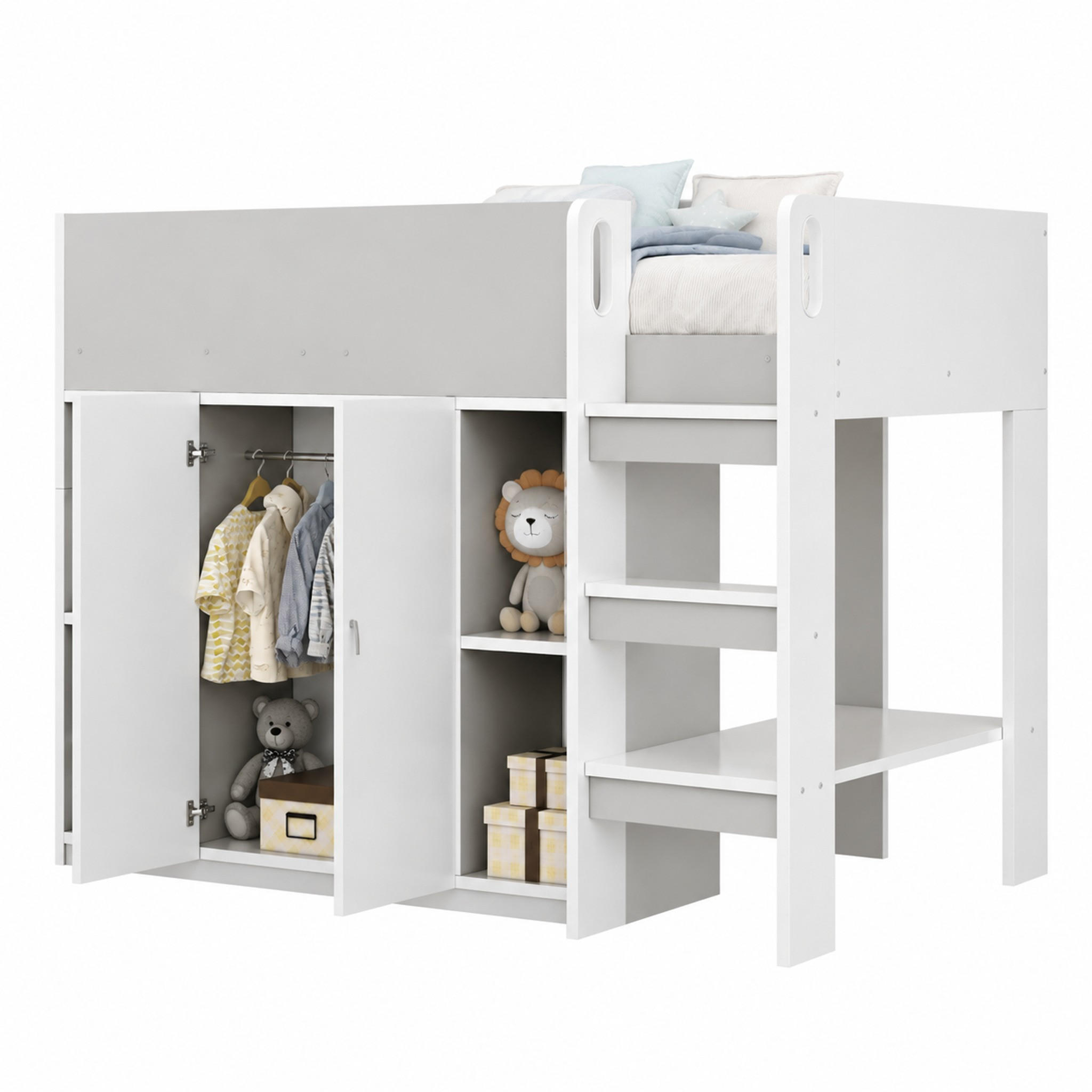 HOCHBETT mit Stauraum 90x200 cm Weiß/Grau mit Schrank und Regalen - Grau, Holz (90/200cm) - Meubliv
