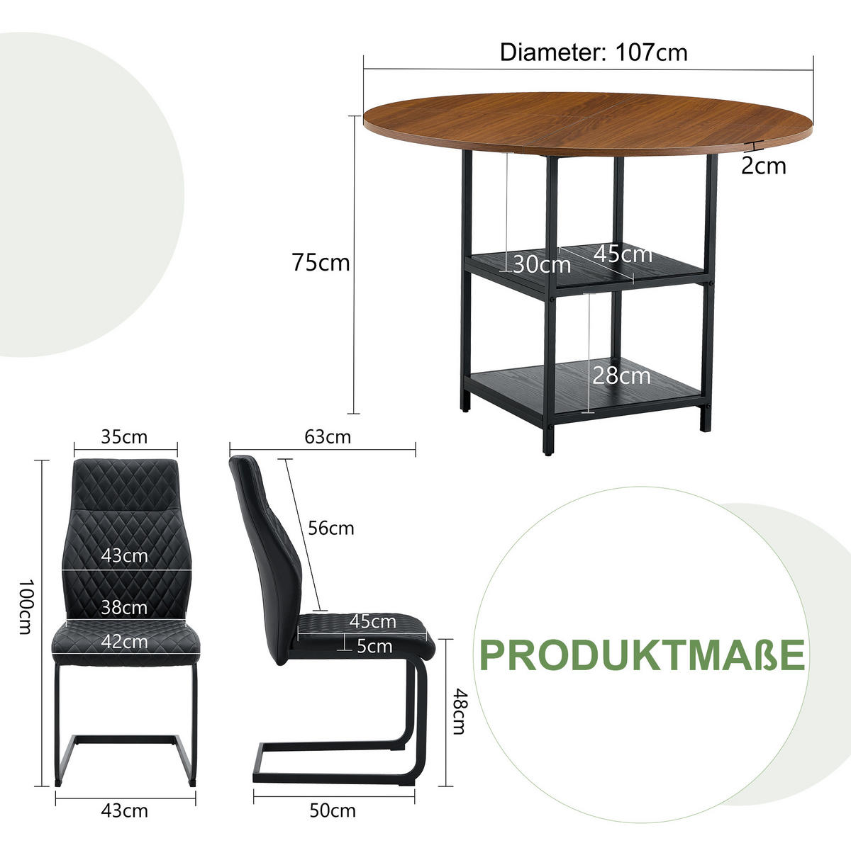 ESSTISCH-SET 5-tlg. 107 cm Schwarz/Nussbaum - Schwarz, Metall (107/75/107cm) - Meubliv