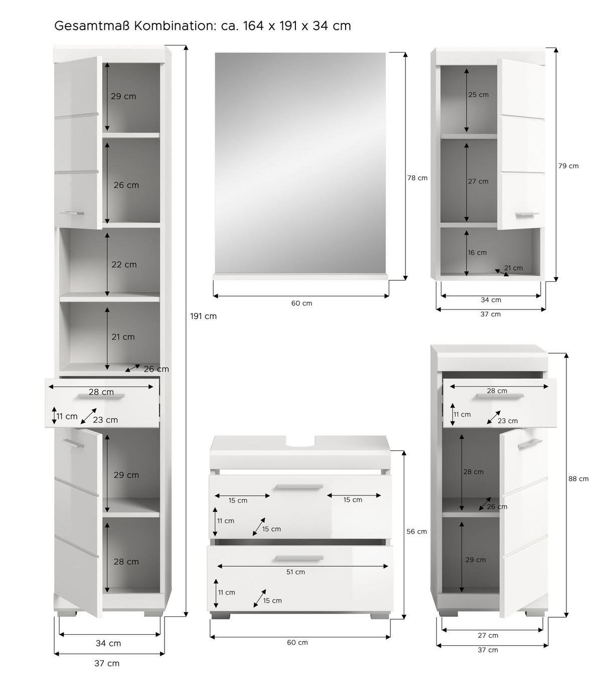 BADKOMBINATION 5tlg. Scout Bad in weiß Nachbildung und weiß hochglanz B/H/T: 164x191x37 cm - Weiß, Holz (164/191/37cm)