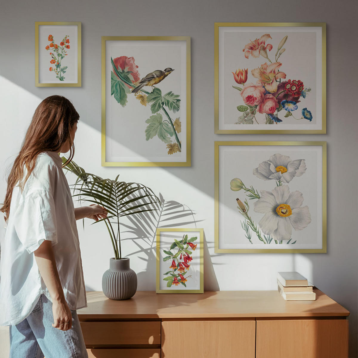 BILDER SET 5er Set - 50x50 cm & 20x30 cm & 40x60 cm Goldrahmen - Gemalte Blumen, Retro-Vogel - Goldfarben, Kunststoff (40/60cm) - TULUP