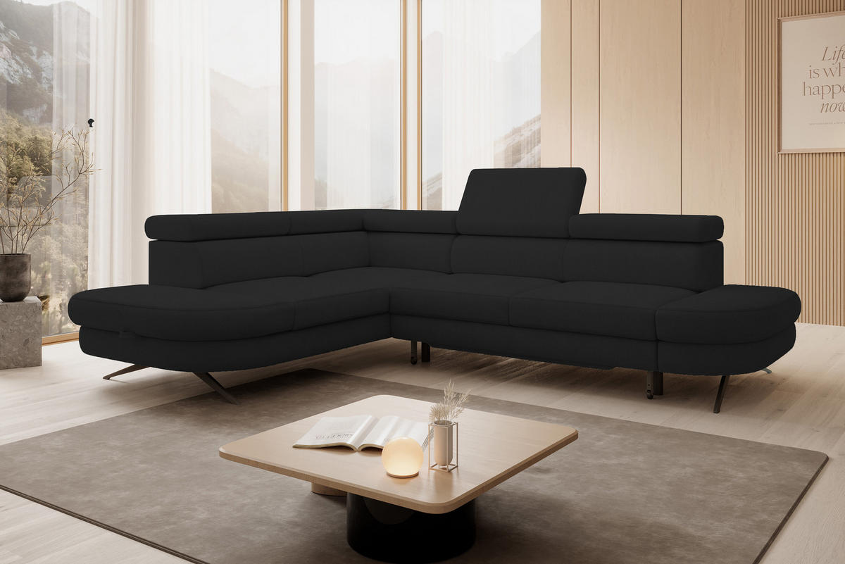 ECKSOFA OTIS L-förm, Schlaffunktion, verstellbare Kopfstützen, in AURORA-Stoff, lose Rückenkissen, freistehend, LINKS 218x276x97 cm Black - Schwarz, Holz/Textil (218/276cm) - DomoHome