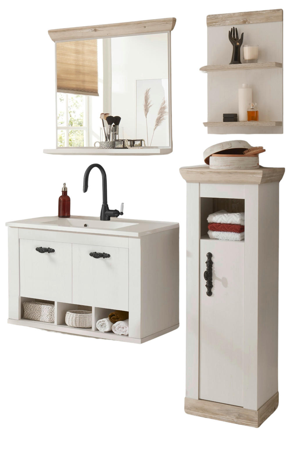 BADKOMBINATION Pinie weiß, Oslo Pinie, Landhaus Badmöbel Set 5-tlg. hängend MIT Waschbecken 143 x 200 cm - Anthrazit/Weiß, Holzwerkstoff/Metall (143/200/46cm) - Furn.Design