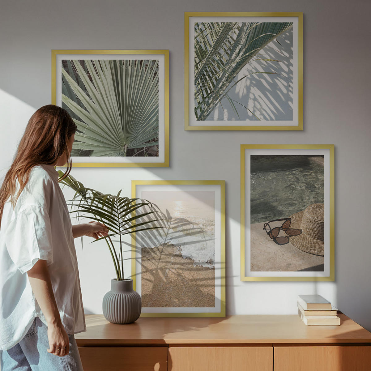 WANDBILDER 4er Set - 50x50 cm & 40x60 cm Goldrahmen - Strandhut und Sonnenbrille - Goldfarben, Kunststoff (50/50cm) - ArtPrintCave
