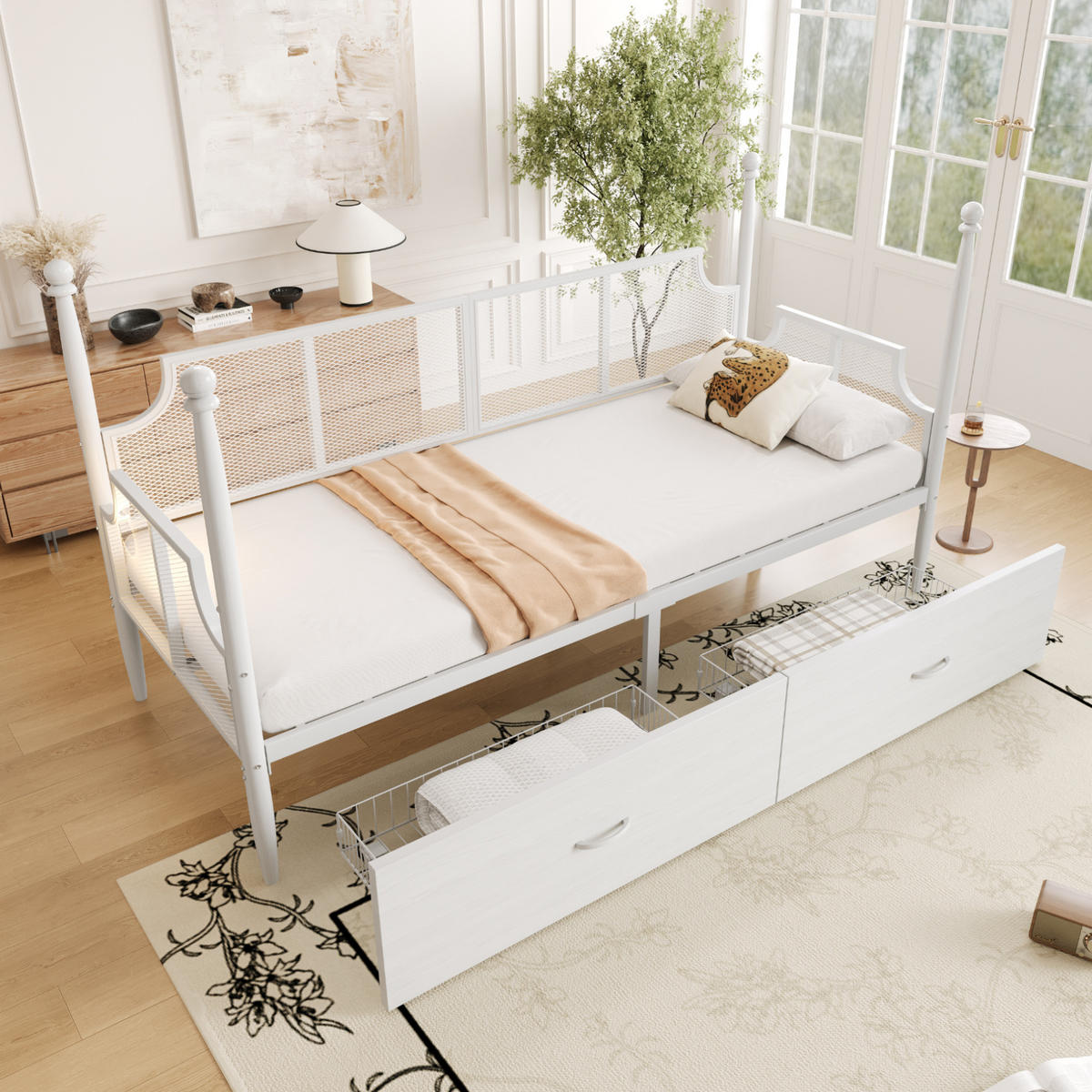 METALLBETT 90/200 cm weiß mit Vintage-Rückenlehne und Ablagefächern - Weiß, Metall (90/200cm) - OKWISH