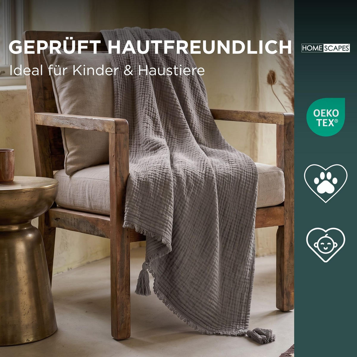 WOHNDECKE Musselin grau mit Quasten - Grau, Textil (127/180cm) - Homescapes