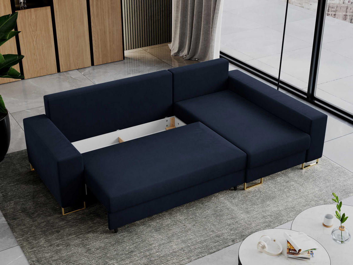 ECKSOFA Dorian Velvet Dunkelblau - Goldfarben/Dunkelblau, Textil/Metall (242/138cm) - MKS