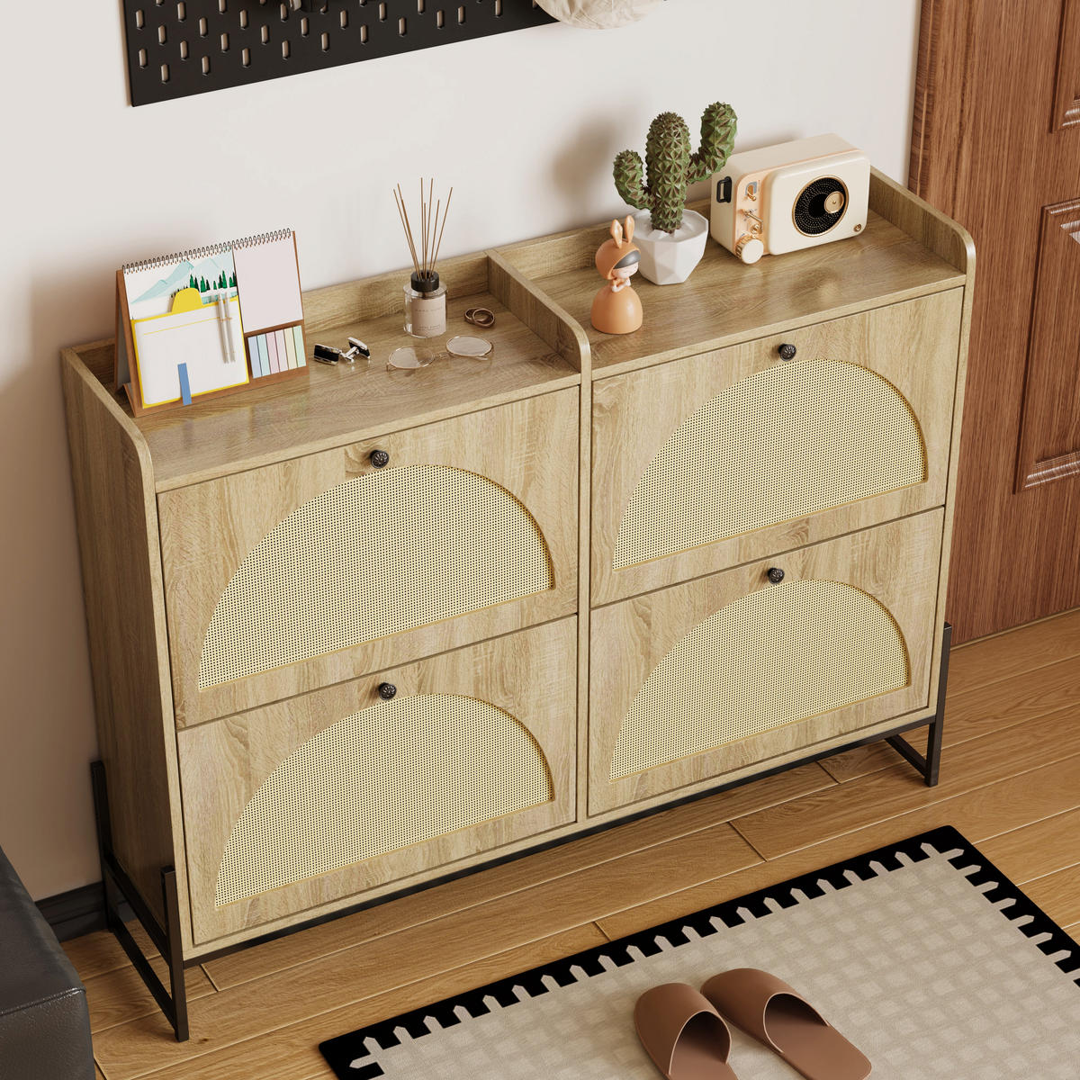 SCHMALER Schuhschrank mit 4 Klapptüren, Holz, Beige - Naturfarben, Textil (118/91.5/25cm) - Urban Meuble