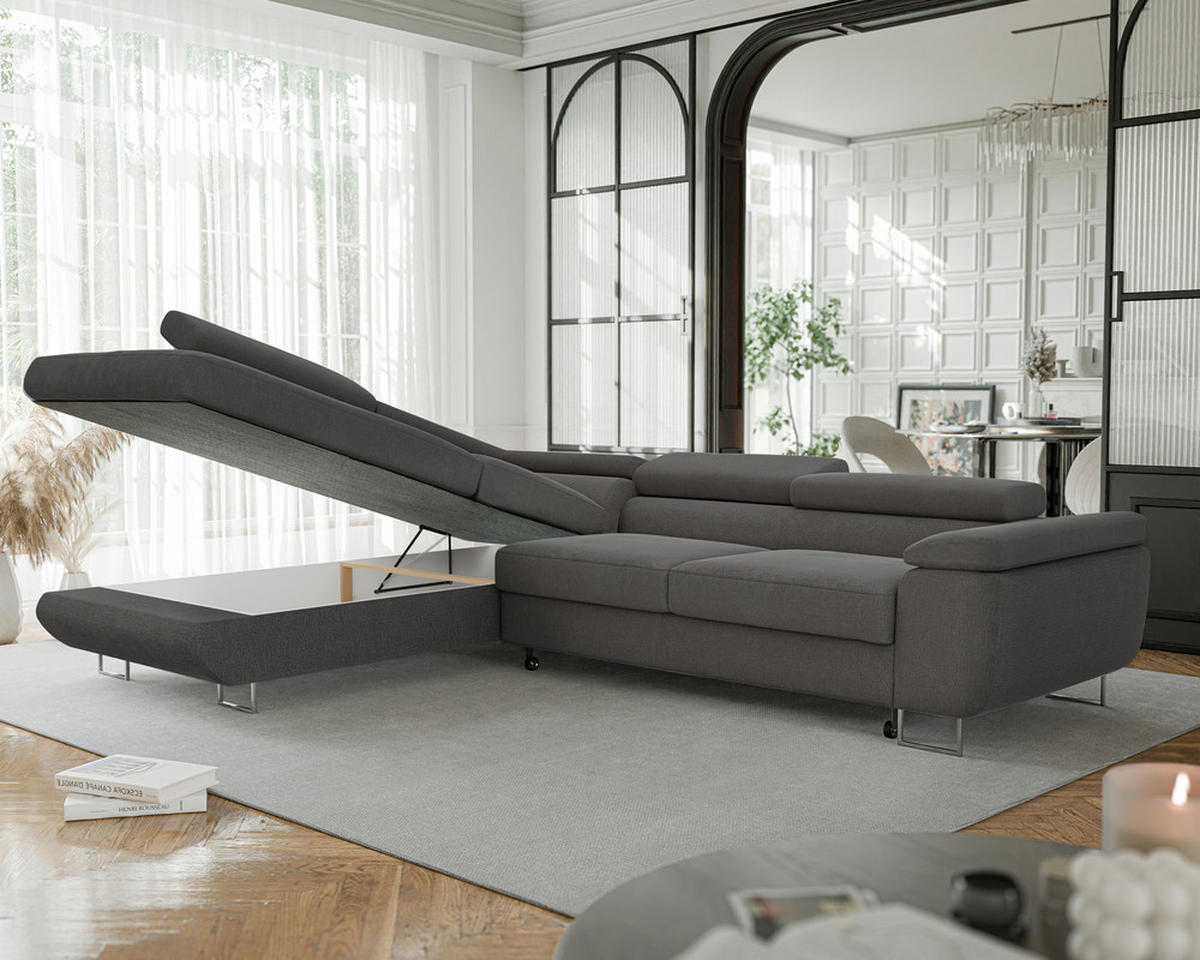 ECKSOFA ANTON mit Schlaffunktion und Bettkasten Anthrazit - Anthrazit, Holzwerkstoff/Kunststoff (274/203cm) - Idohome