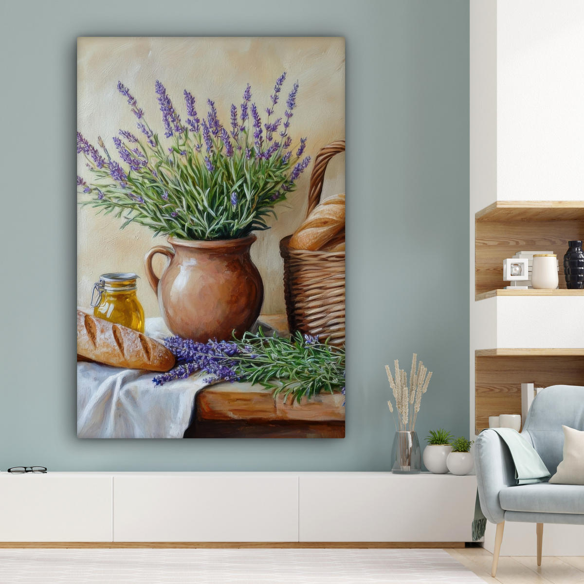 LEINWANDBILD Lavendel - Brot - Stilleben 90x140 cm - Flieder, Textil (90/140cm) - MuchoWow