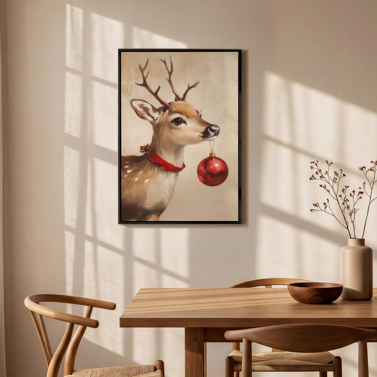 LEINWAND Bilder mit Rahmen - Weihnachten - Hirsch - Geweih - Weihnachtskugel - Rentier - 60x90 - Hellbraun, Textil (60/90cm) - MuchoWow