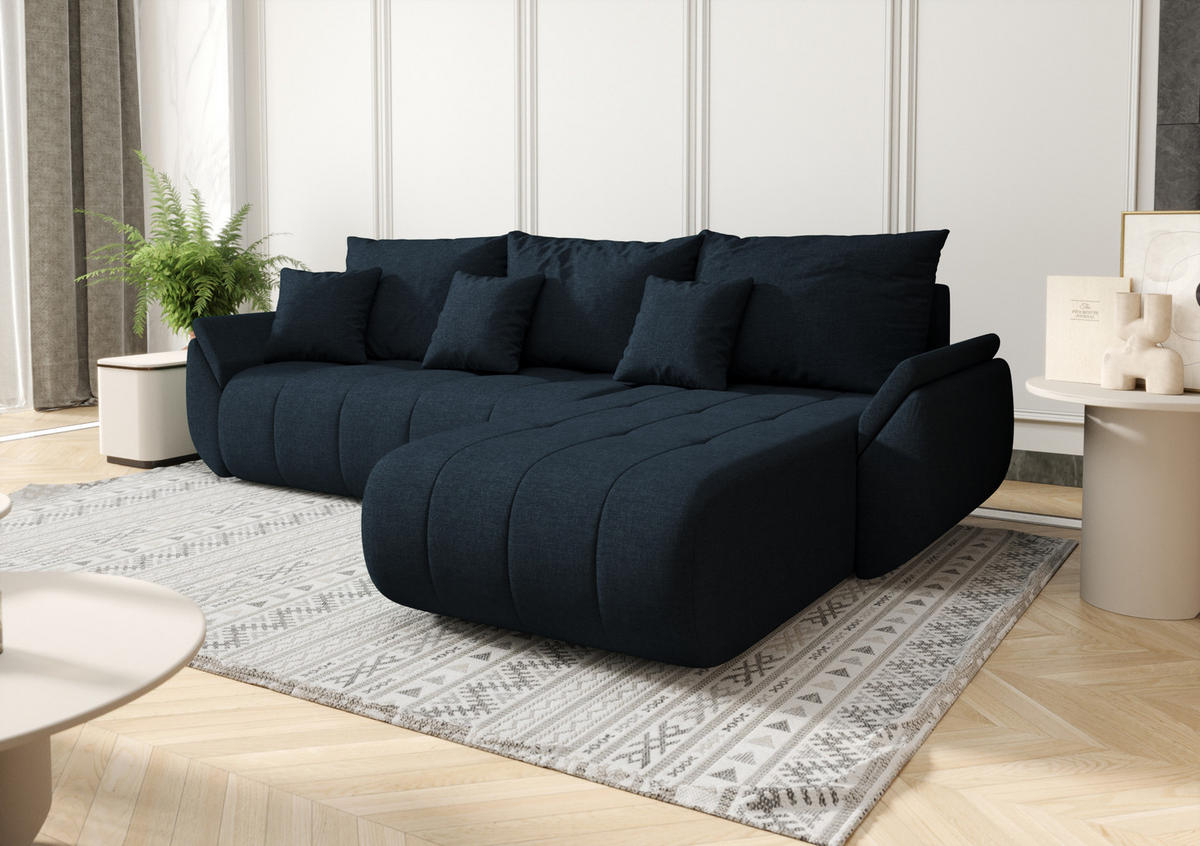 ECKSOFA Mit Schlaffunktion Und Bettkasten TOKYO, Stoff WIND, Dunkelblau, Rechts - Dunkelblau, Holz (280/190cm) - Kaiser Möbel