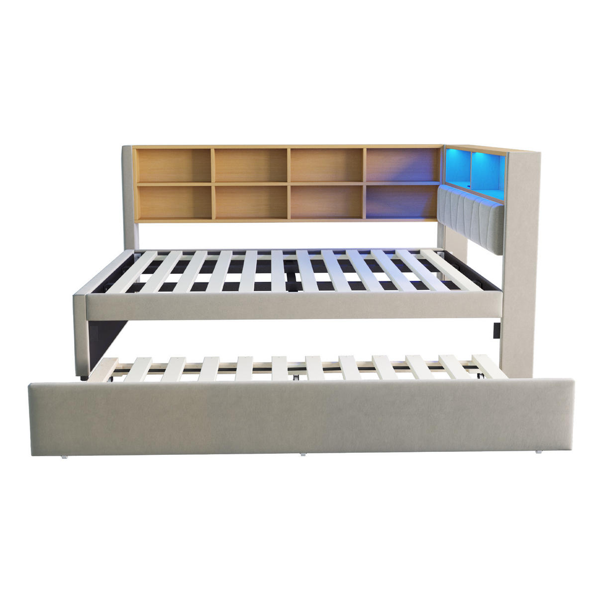 BETT Multifunktionales mit Ausziehbett 90/190 cm & LED-Beleuchtung Flanell Hellgrau 140/200 cm - Hellgrau, Textil (90/190cm) - OKWISH