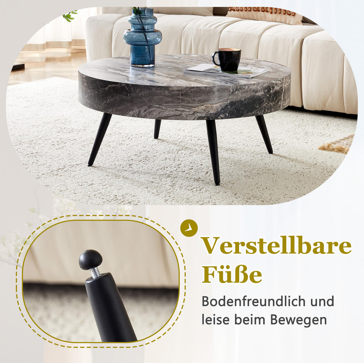 COUCHTISCH 70 cm aus Grau/Schwarz aus MDF und Metall mit verstellbaren Füßen - Schwarz, Holzwerkstoff (70/70/35.5cm) - OKMYHOME