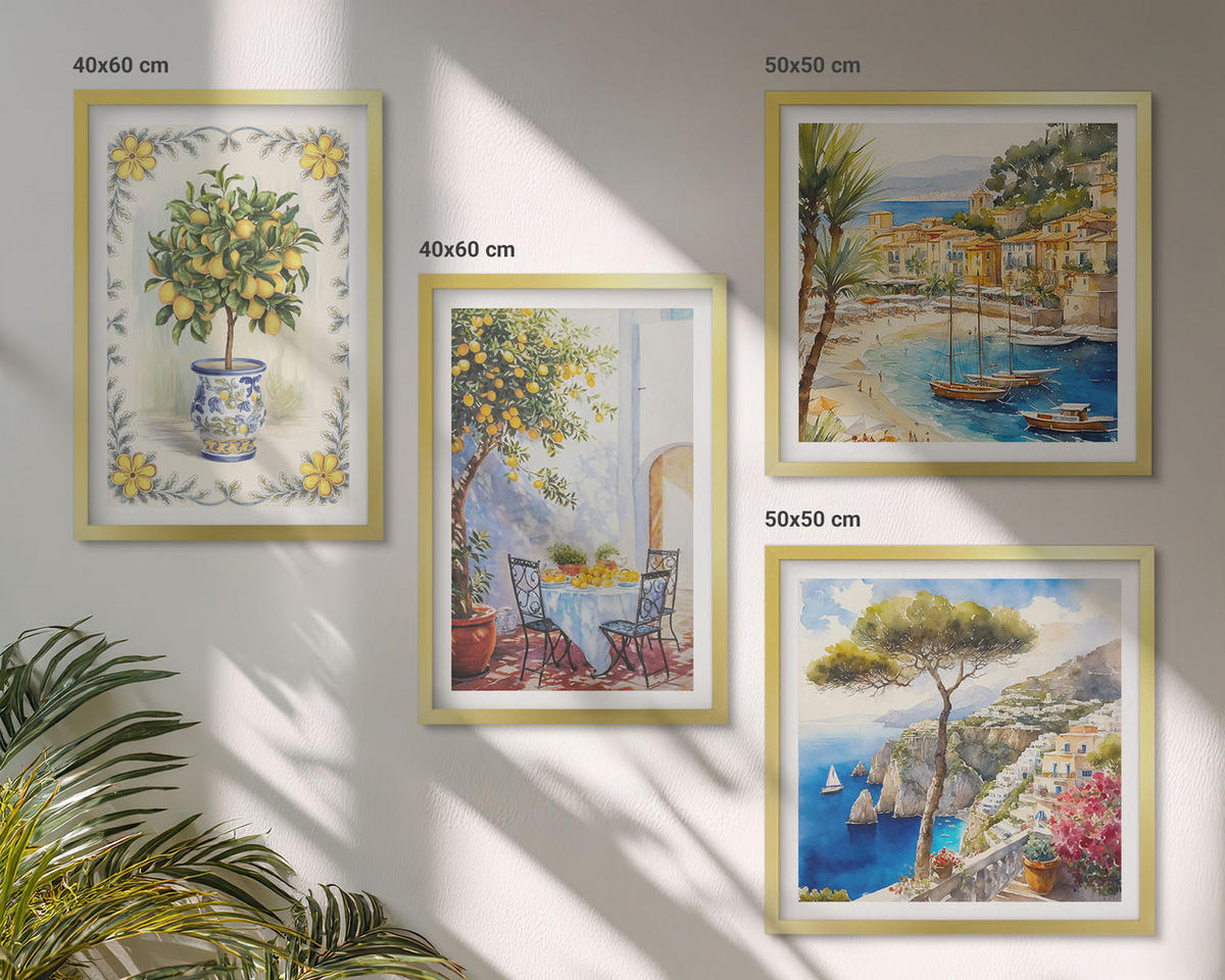 BILDER SET 4er Set - 50x50 cm & 40x60 cm Goldrahmen - Blick auf das Meer aus Zitronenbäumen - Goldfarben, Kunststoff (50/50cm) - TULUP