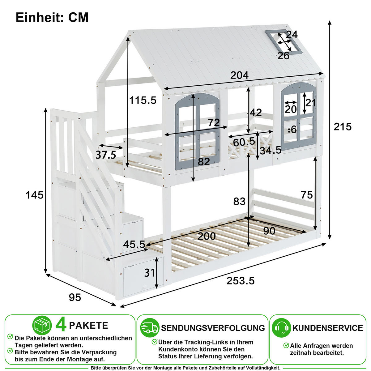 ETAGENBETT 90/200 cm & 90/200 cm in Weiß & Grau mit Treppe und 3 Schränken - Weiß/Grau, Holz/Holzwerkstoff (90/200cm) - CHICFURN