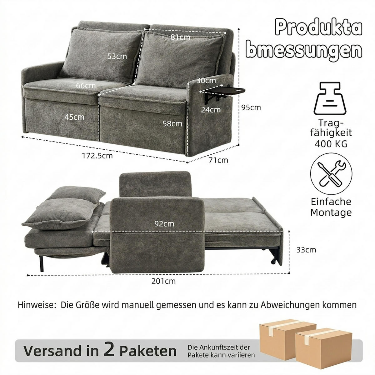 SCHLAFSOFA 172.5/71/95 cm Grau mit USB-Anschluss, 5-fach verstellbarer Rückenlehne und Stauraum - Grau, Textil (71/95/172.5cm) - Oxeza